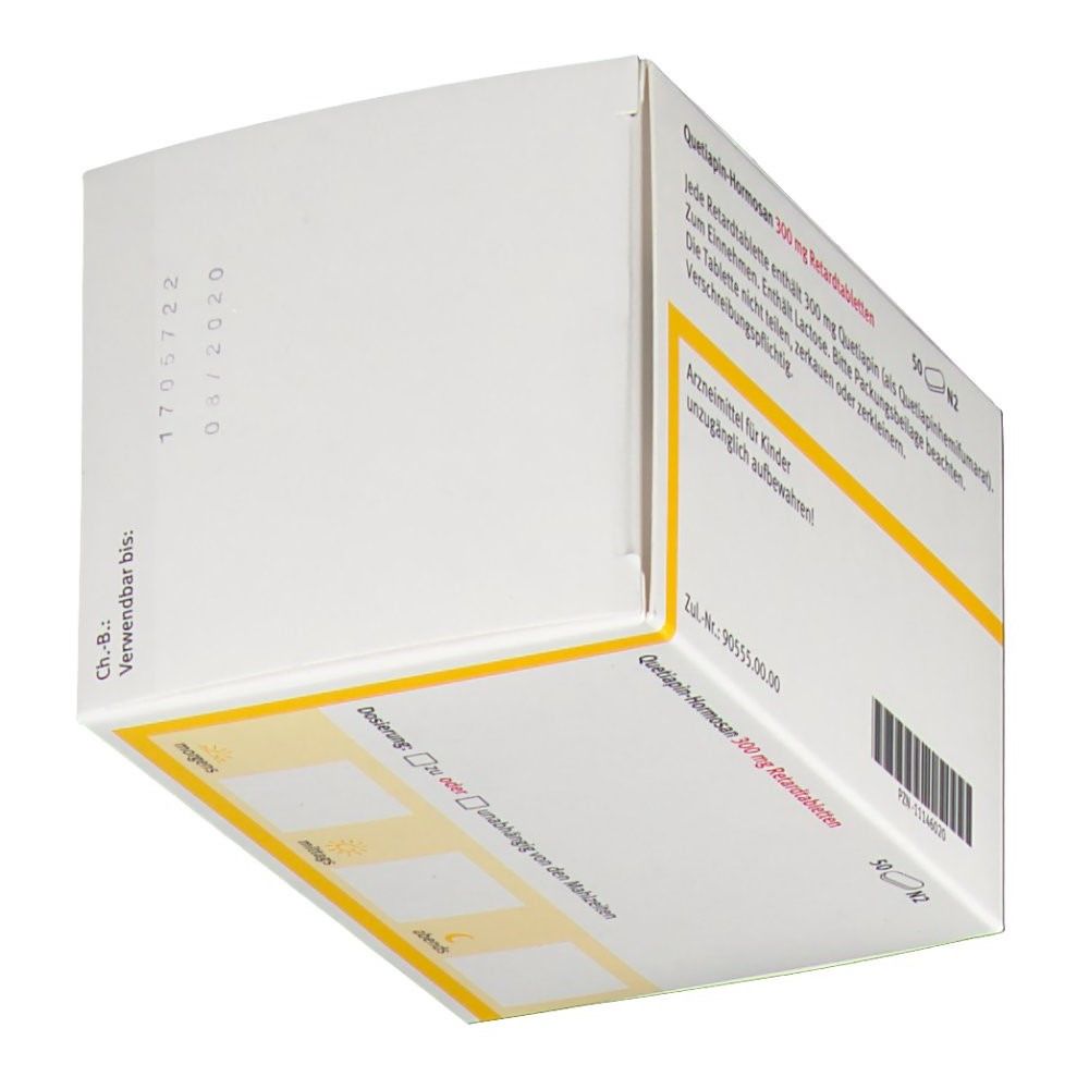 Schräg gestellte Arzneimittelverpackung. Aufschrift: Quetiapin-Hormosan 300 mg Retardtabletten. Verwendbar bis: 04/2020.
