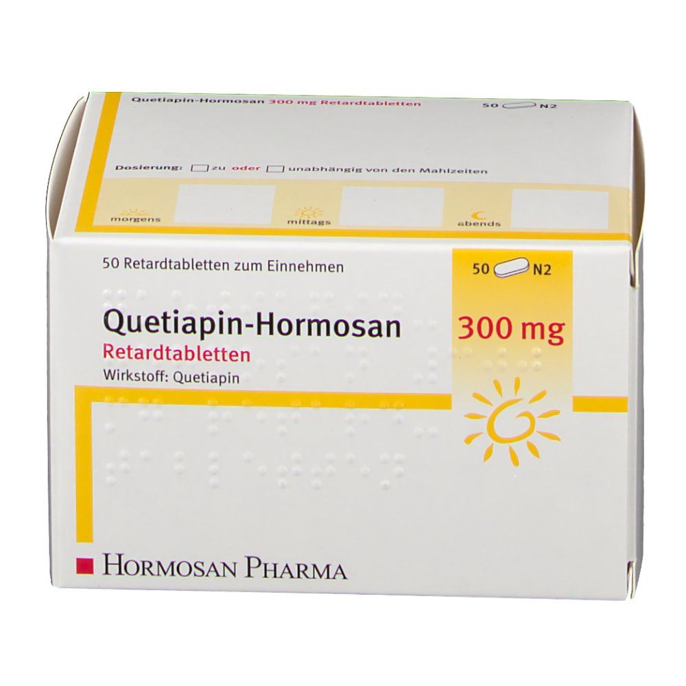 Arzneimittelverpackung. Aufschrift: Quetiapin-Hormosan 300 mg Retardtabletten. 50 Tabletten. Hormosan Pharma Logo. 300 mg.