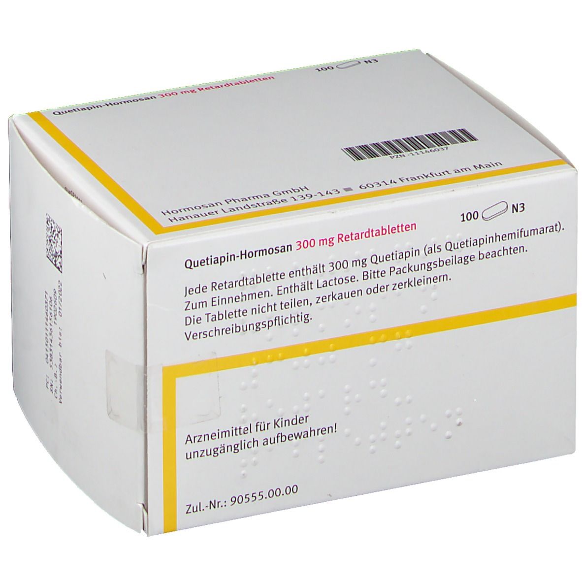 Weiße Faltschachtel mit gelben Akzenten. Aufdruck: Quetiapin-Hormosan 300 mg Retardtabletten. Text und Logo von Hormosan Pharma.