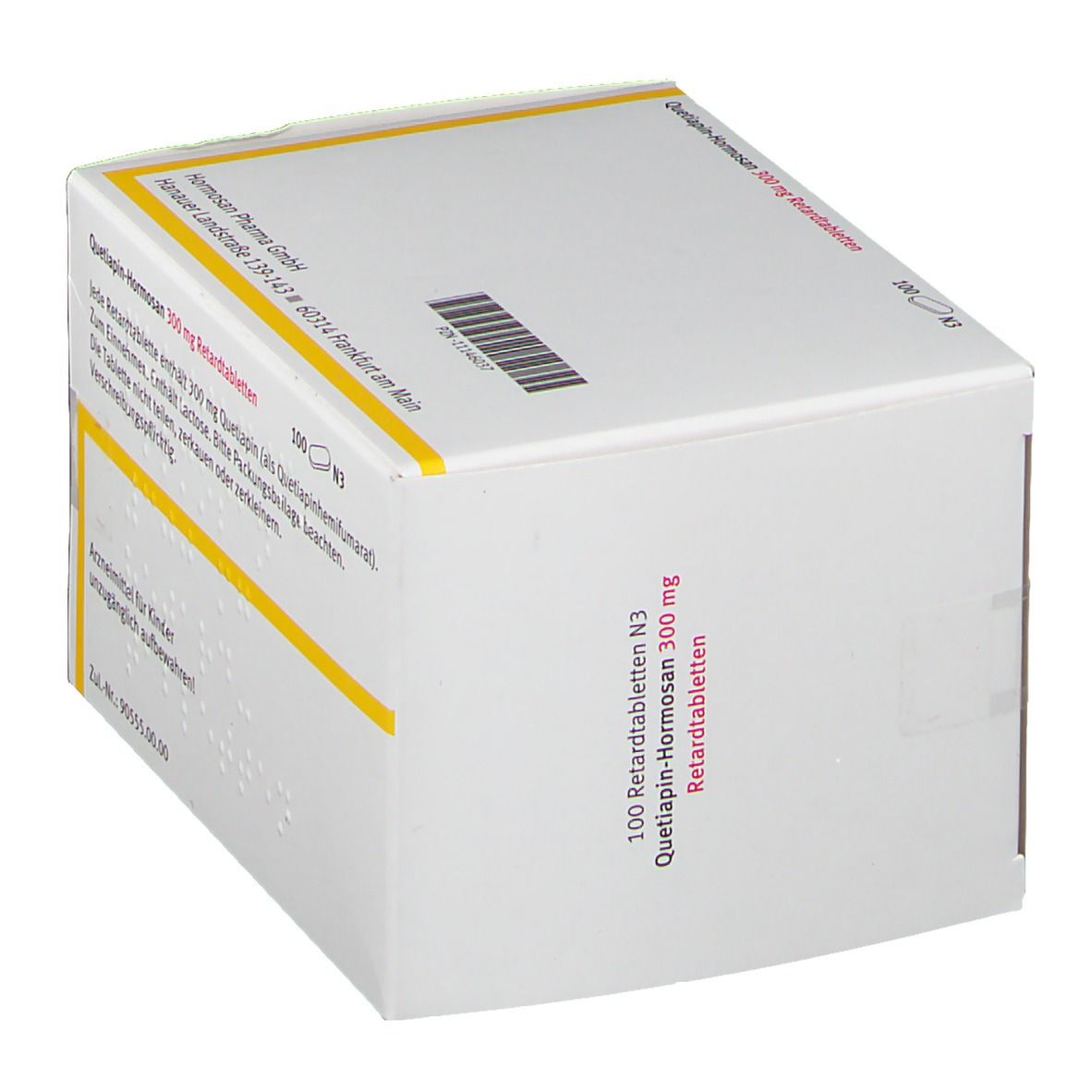 Schräg gestellte weiße Faltschachtel mit gelben Akzenten. Aufdruck: Quetiapin-Hormosan 300 mg Retardtabletten. Text und Logo.