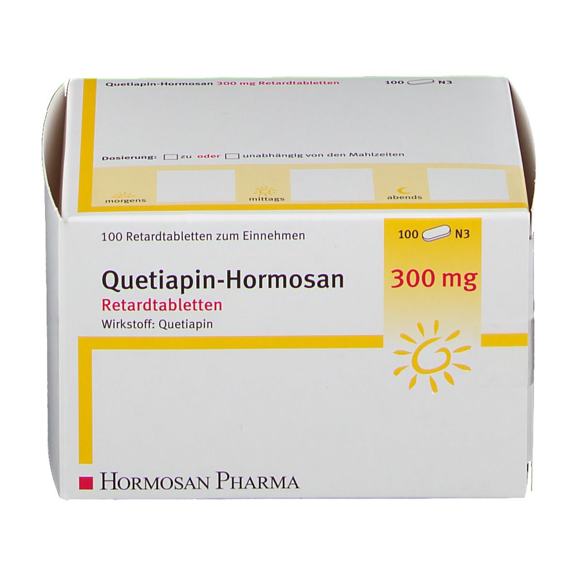 Weiße Faltschachtel mit gelben Akzenten. Aufdruck: Quetiapin-Hormosan 300 mg Retardtabletten. Hormosan Pharma Logo.