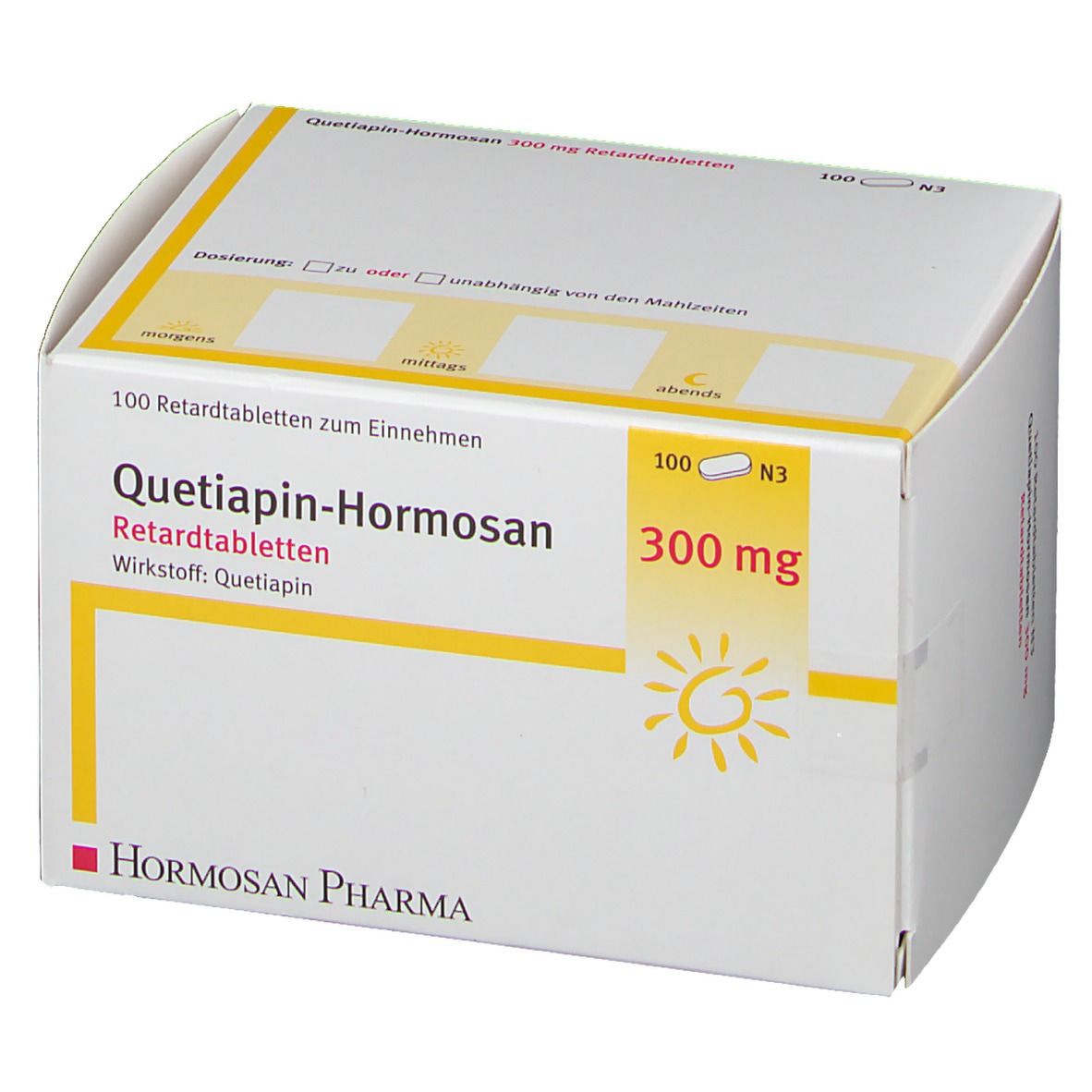 Weiße Faltschachtel mit gelben Akzenten. Aufdruck: Quetiapin-Hormosan 300 mg Retardtabletten. Hormosan Pharma Logo.