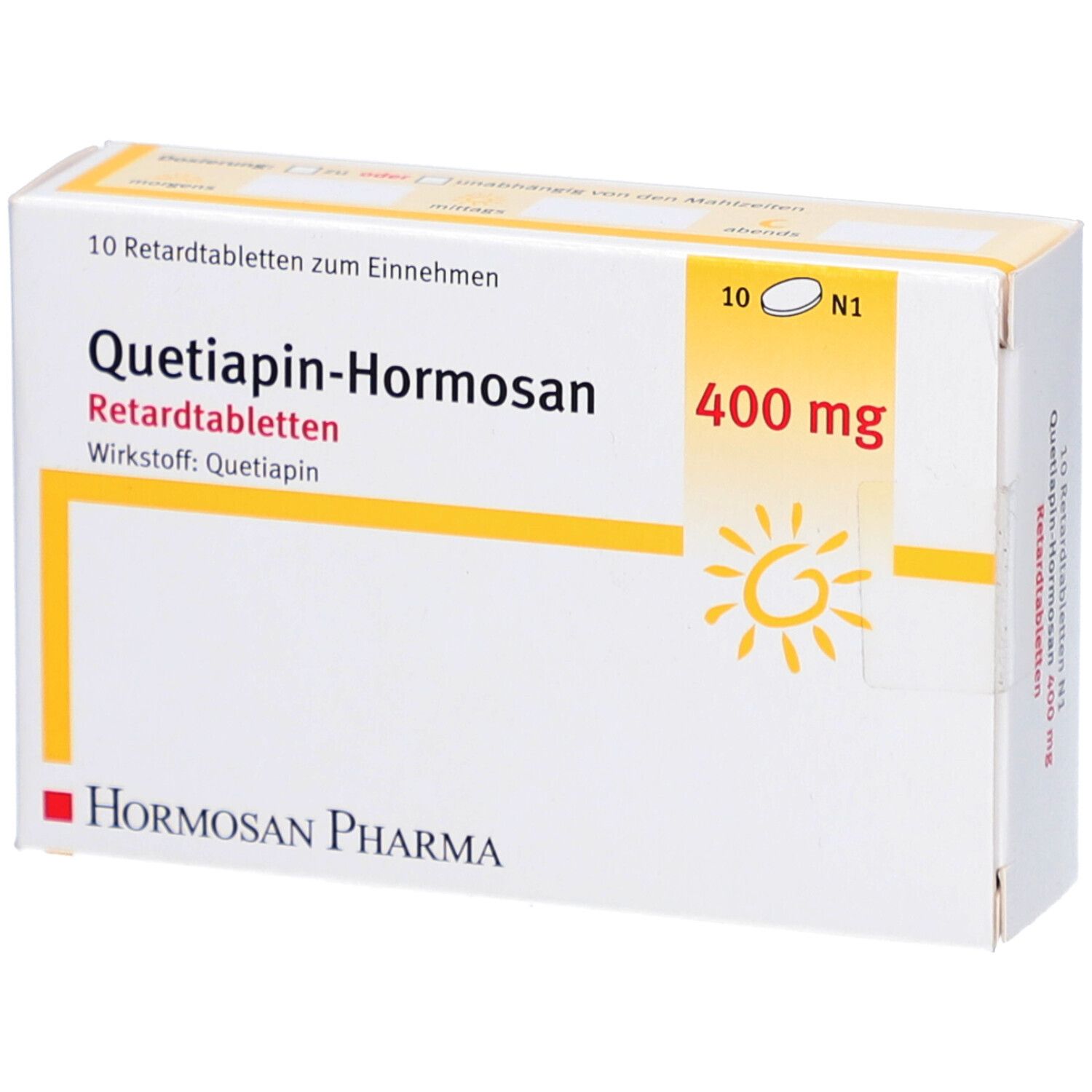 Schachtel mit Tabletten. Aufschrift: Quetiapin-Hormosan 400 mg. Logo Hormosan Pharma. 10 Retardtabletten.