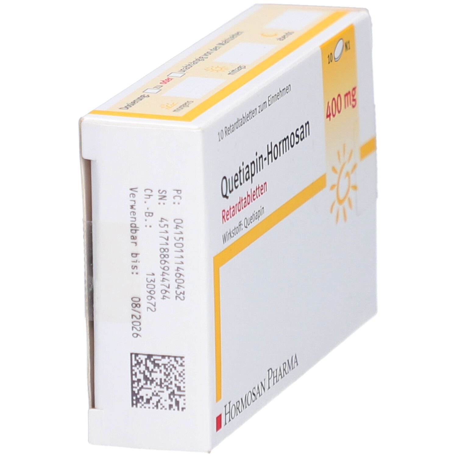 Seitenansicht der Tablettenschachtel. Aufdrucke: Quetiapin-Hormosan, Chargennummer, Verfallsdatum 08/2026, Hormosan Pharma Logo.