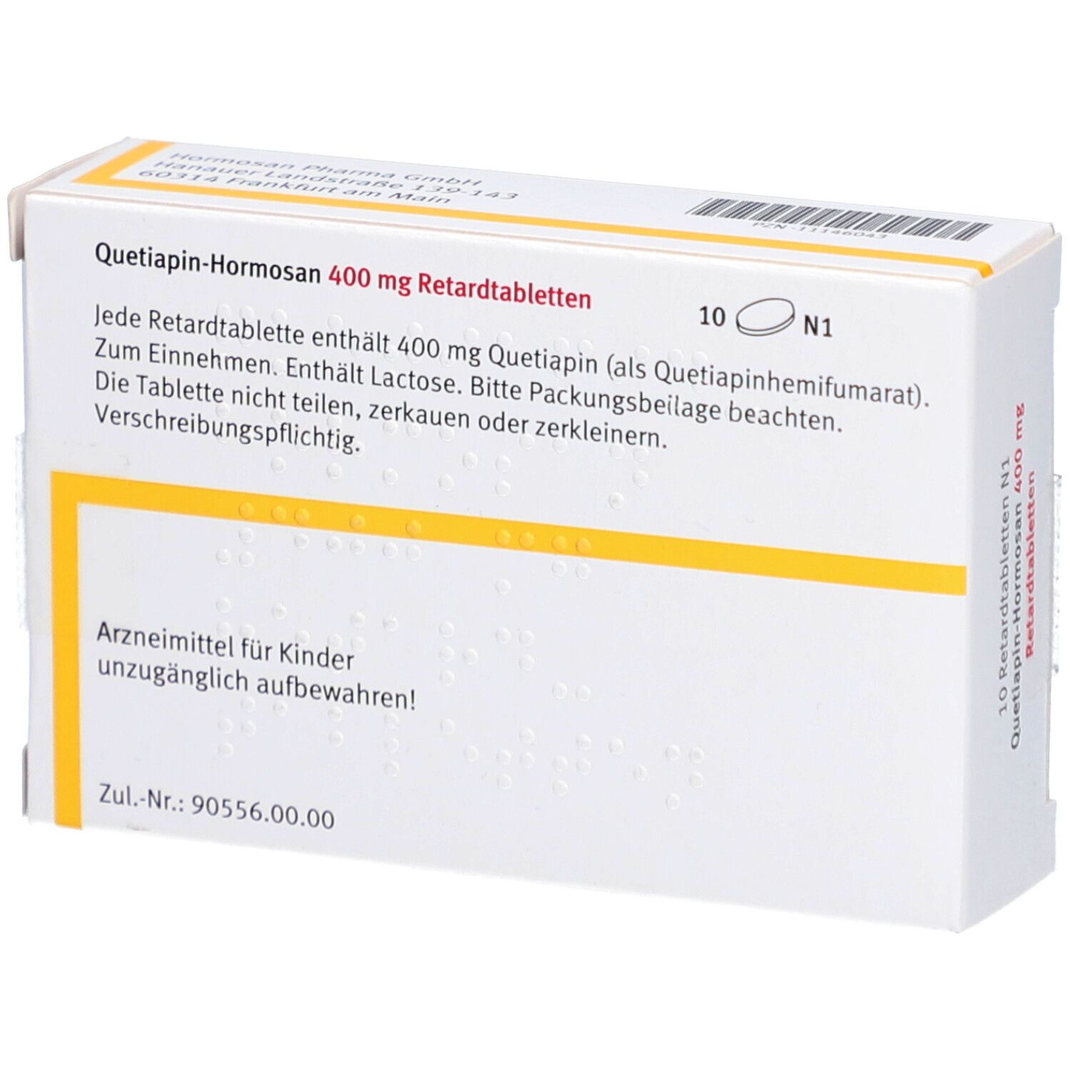 Rückseite der Tablettenschachtel. Text: Quetiapin-Hormosan 400 mg Retardtabletten. Warnhinweis: Arzneimittel für Kinder unzugänglich aufbewahren.