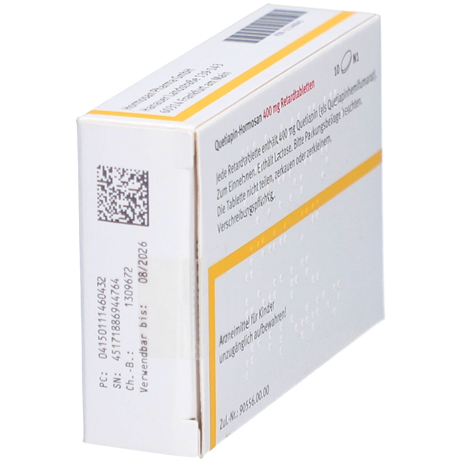 Seitenansicht der Tablettenschachtel. Text: Quetiapin-Hormosan, Chargennummer, Verfallsdatum 08/2026, Warnhinweis: Arzneimittel für Kinder unzugänglich.