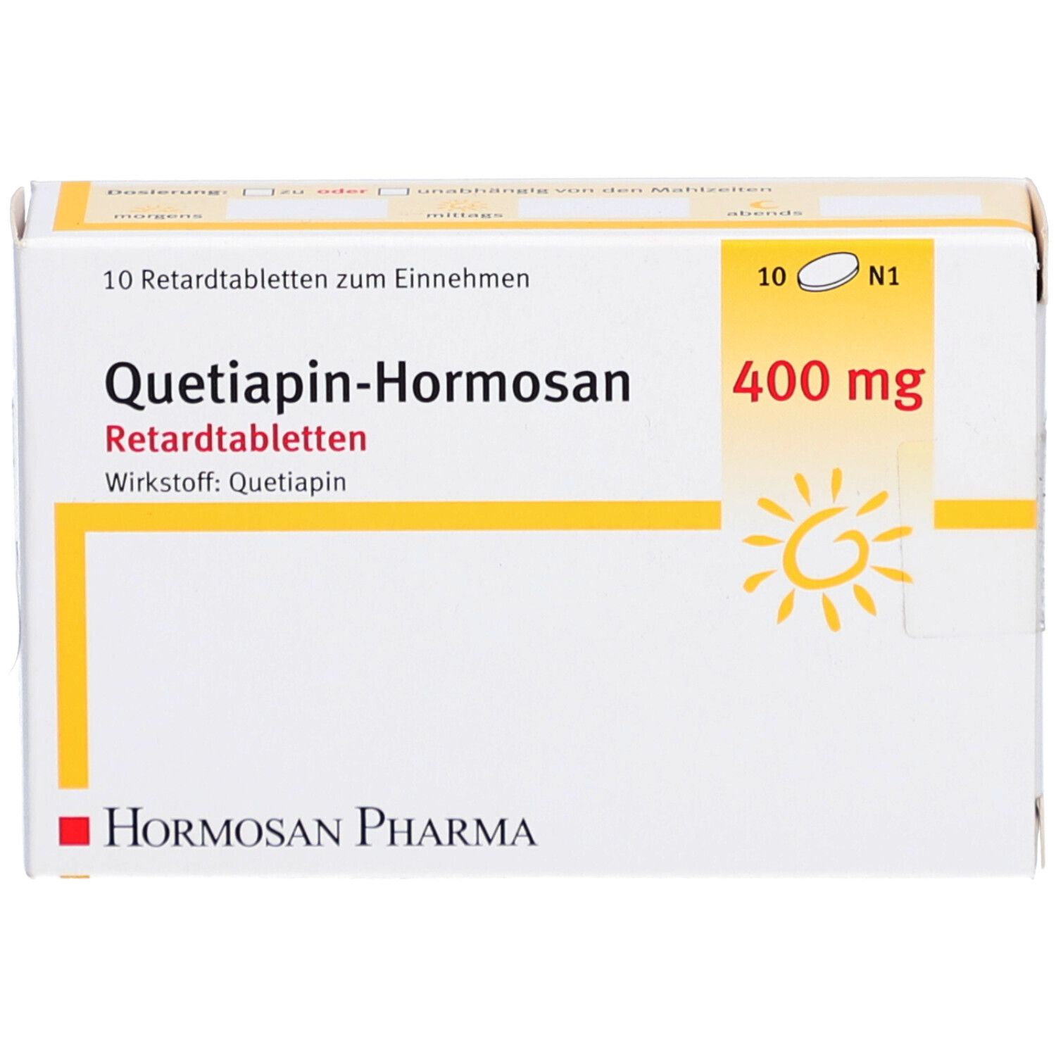 Tablettenschachtel. Aufschrift: Quetiapin-Hormosan 400 mg Retardtabletten. Logo Hormosan Pharma. 10 Tabletten.