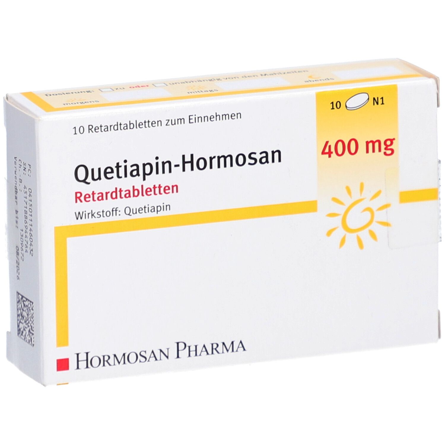 Tablettenschachtel. Aufschrift: Quetiapin-Hormosan 400 mg Retardtabletten. Logo Hormosan Pharma. 10 Tabletten.