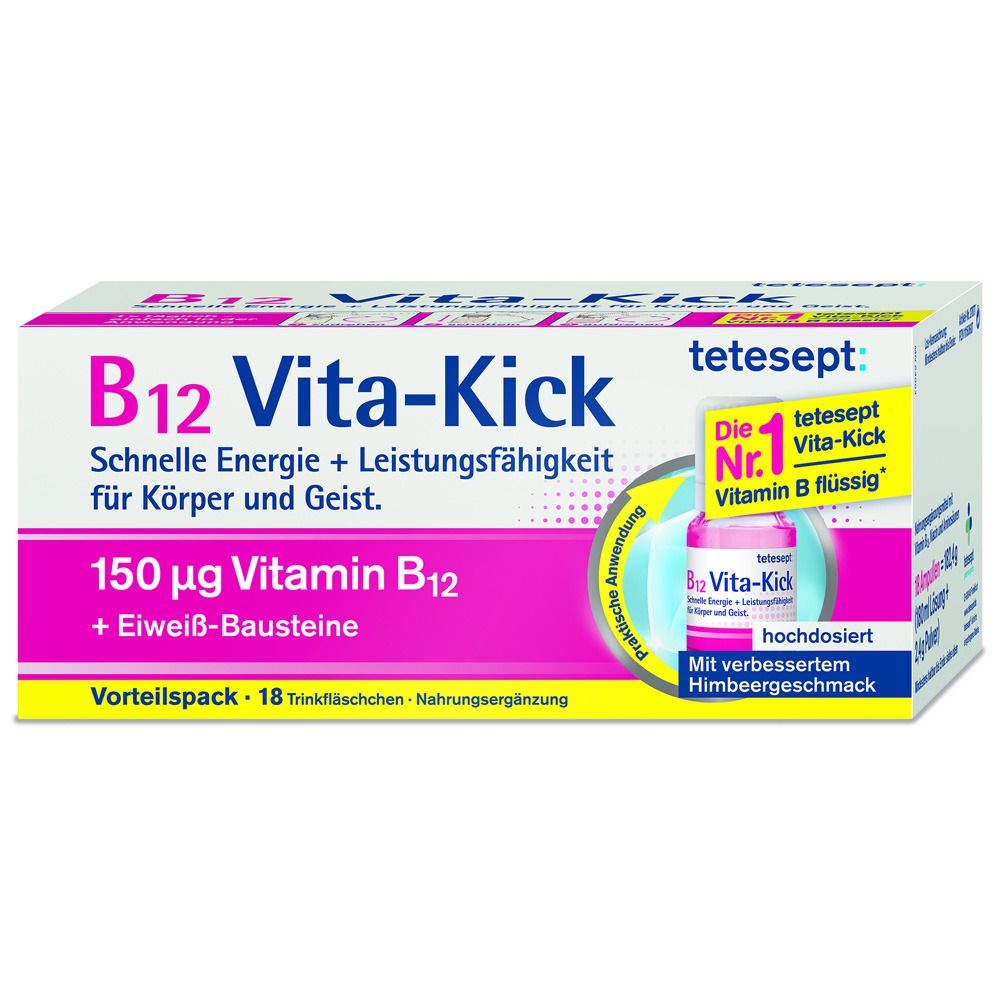 1er Pack mit 18 Trinkfläschchen tetesept B12 Vita-Kick Trinkampullen – 