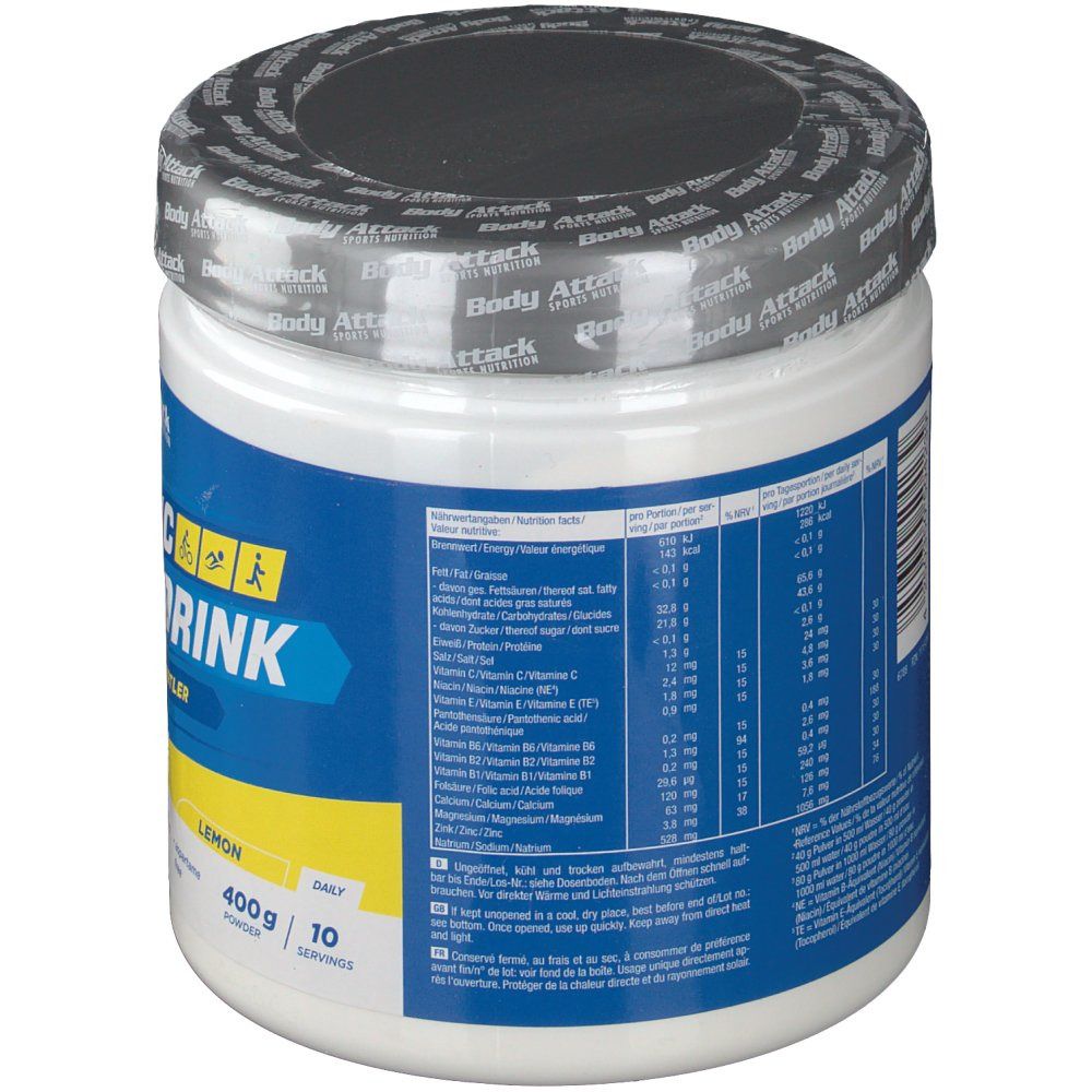 Rückseite des weißen Kunststoff-Behälters. Blaues Etikett mit Nährwertangaben. Aufschrift: Body Attack Isotonic Sports Drink. Zitrone. 400g.