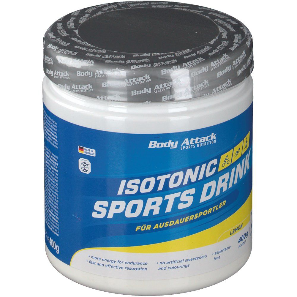 Weißes Kunststoff-Behälter mit blauem Etikett. Aufschrift: Body Attack Isotonic Sports Drink. Zitrone. 400g. 10 Portionen.