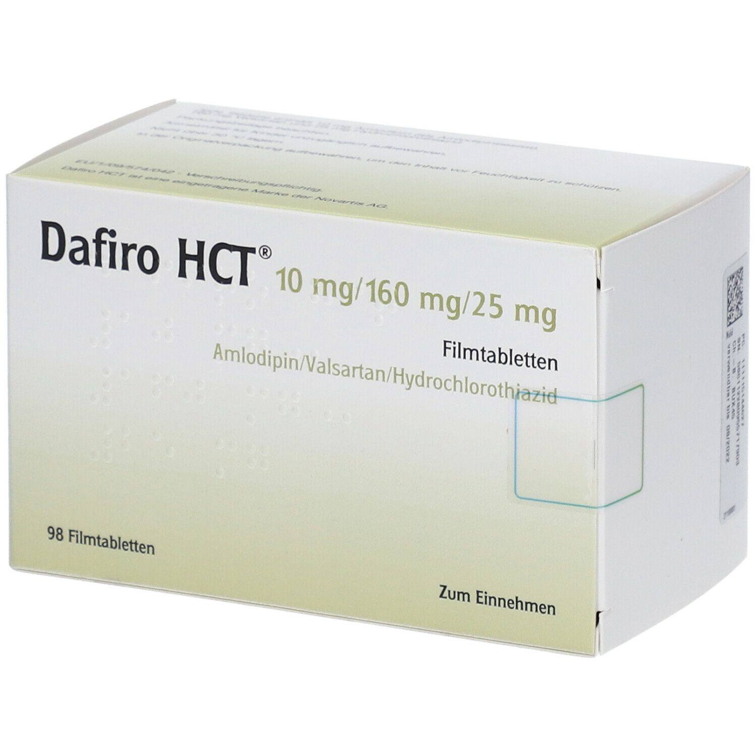 Schachtel mit Dafiro HCT 10 mg/160 mg/25 mg Filmtabletten. Aufschrift: 98 Filmtabletten. Zum Einnehmen.