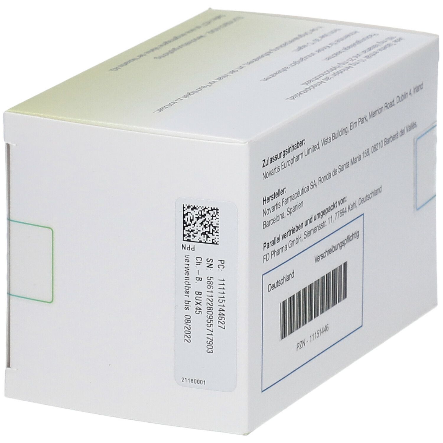 Rückseite der Schachtel mit Dafiro HCT. Informationen zu Hersteller, Vertrieb und Barcode.