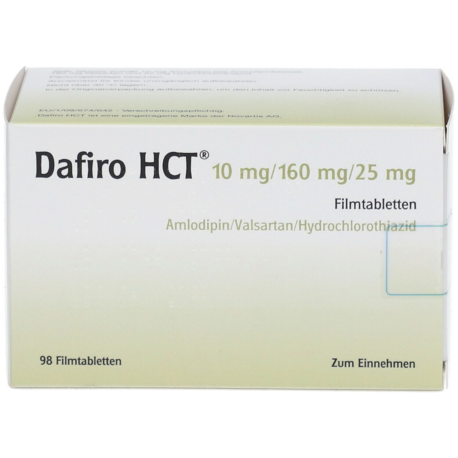 Schachtel mit Dafiro HCT 10 mg/160 mg/25 mg Filmtabletten. Aufschrift: 98 Filmtabletten. Zum Einnehmen.