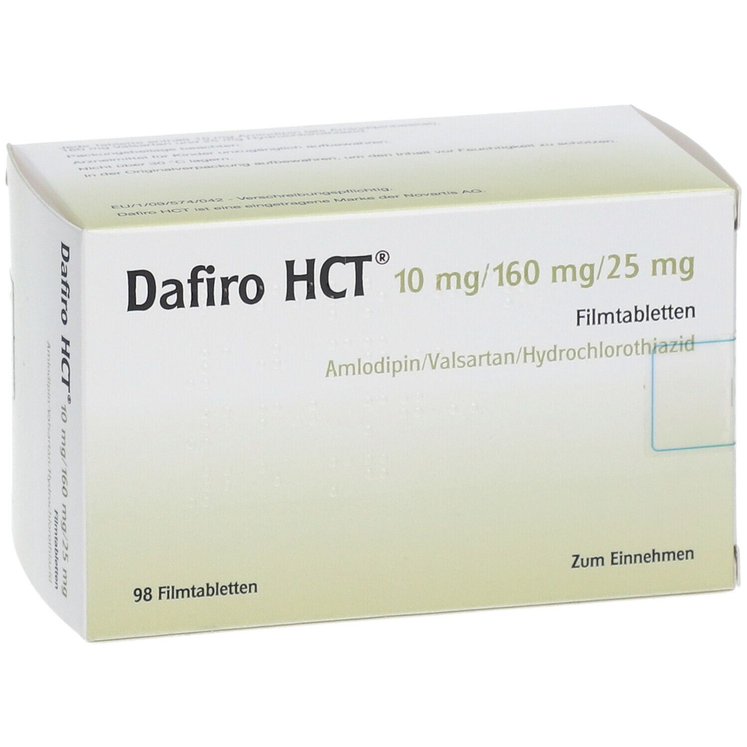 Schachtel mit Dafiro HCT 10 mg/160 mg/25 mg Filmtabletten. Aufschrift: 98 Filmtabletten. Zum Einnehmen.
