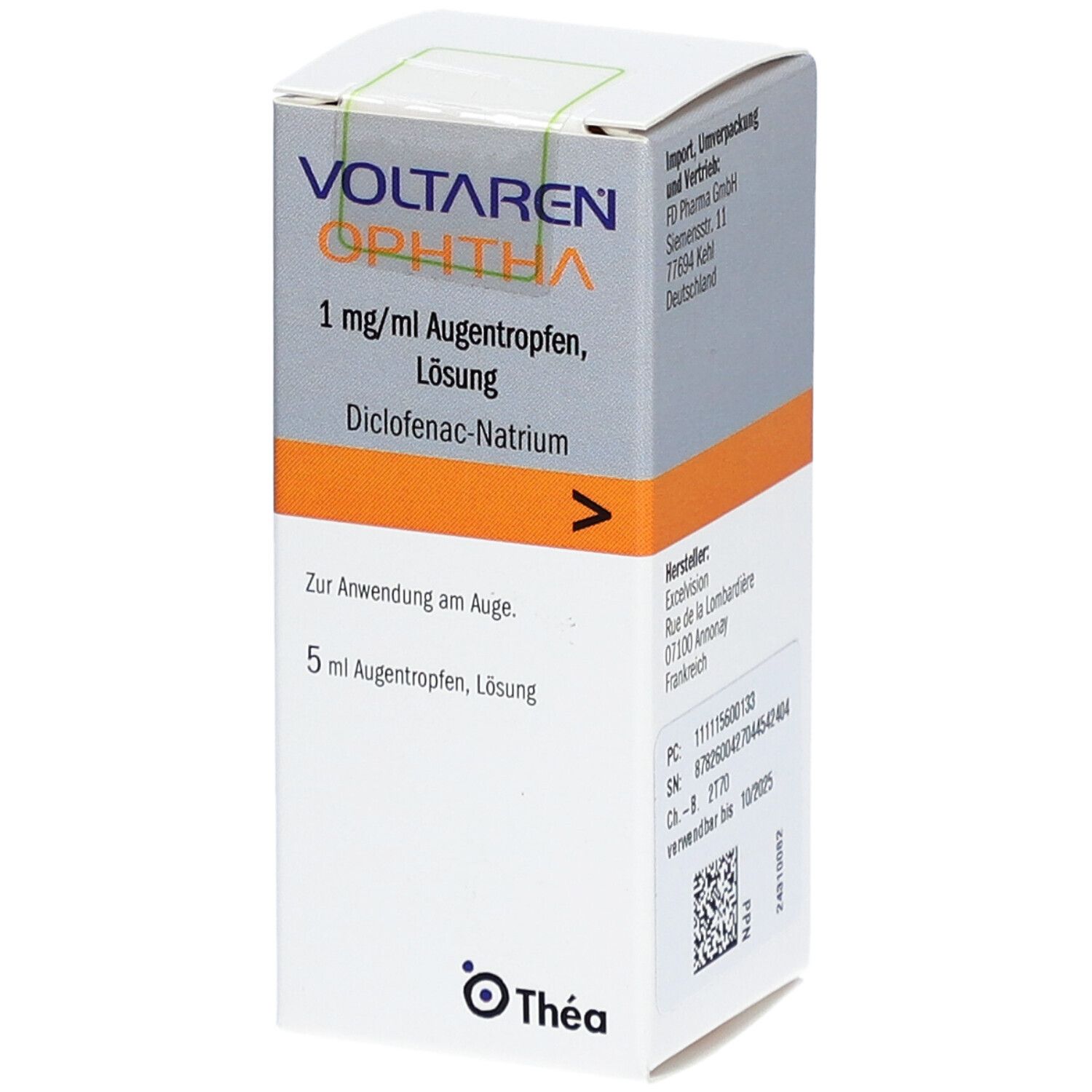 Karton VOLTAREN ophtha Augentropfen. Aufschrift: 1 mg/ml Augentropfen, Lösung. Enthält Diclofenac-Natrium. 5 ml Lösung. Thea-Logo.