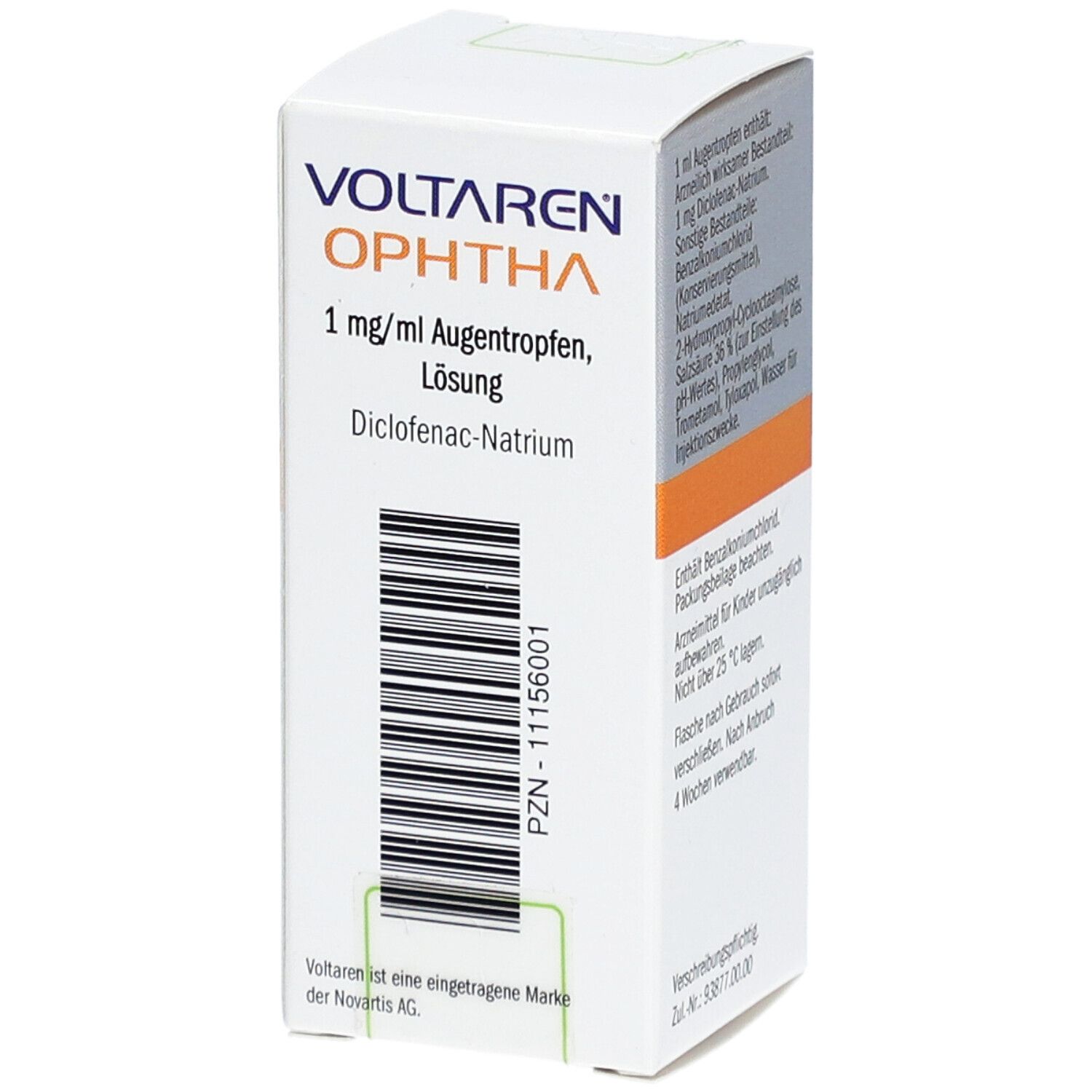 Karton VOLTAREN ophtha Augentropfen. Aufschrift: 1 mg/ml Augentropfen, Lösung. Enthält Diclofenac-Natrium. PZN-11156001.