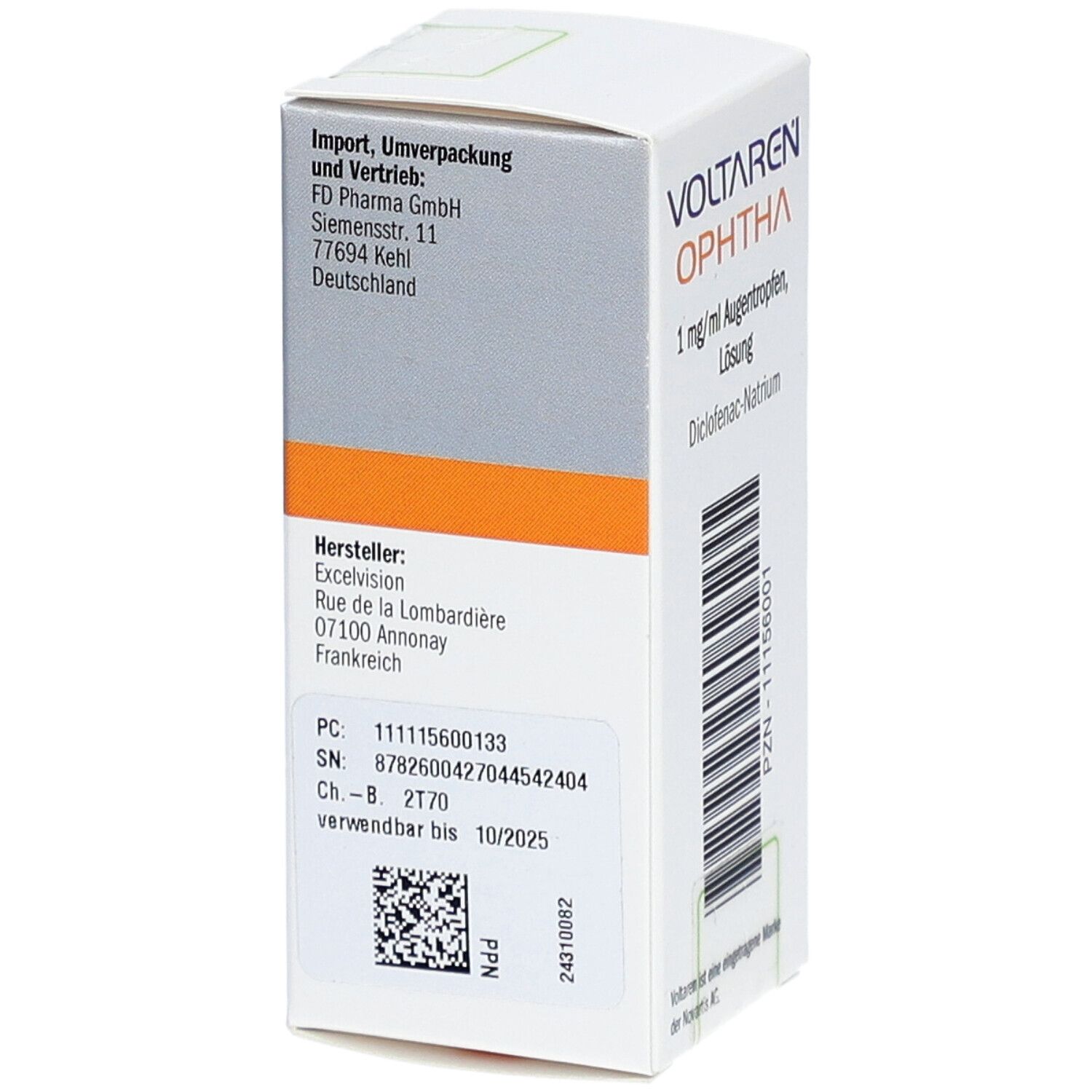 Karton VOLTAREN ophtha Augentropfen. Aufschrift: 1 mg/ml Augentropfen, Lösung. Enthält Diclofenac-Natrium. Herstellerinformationen.