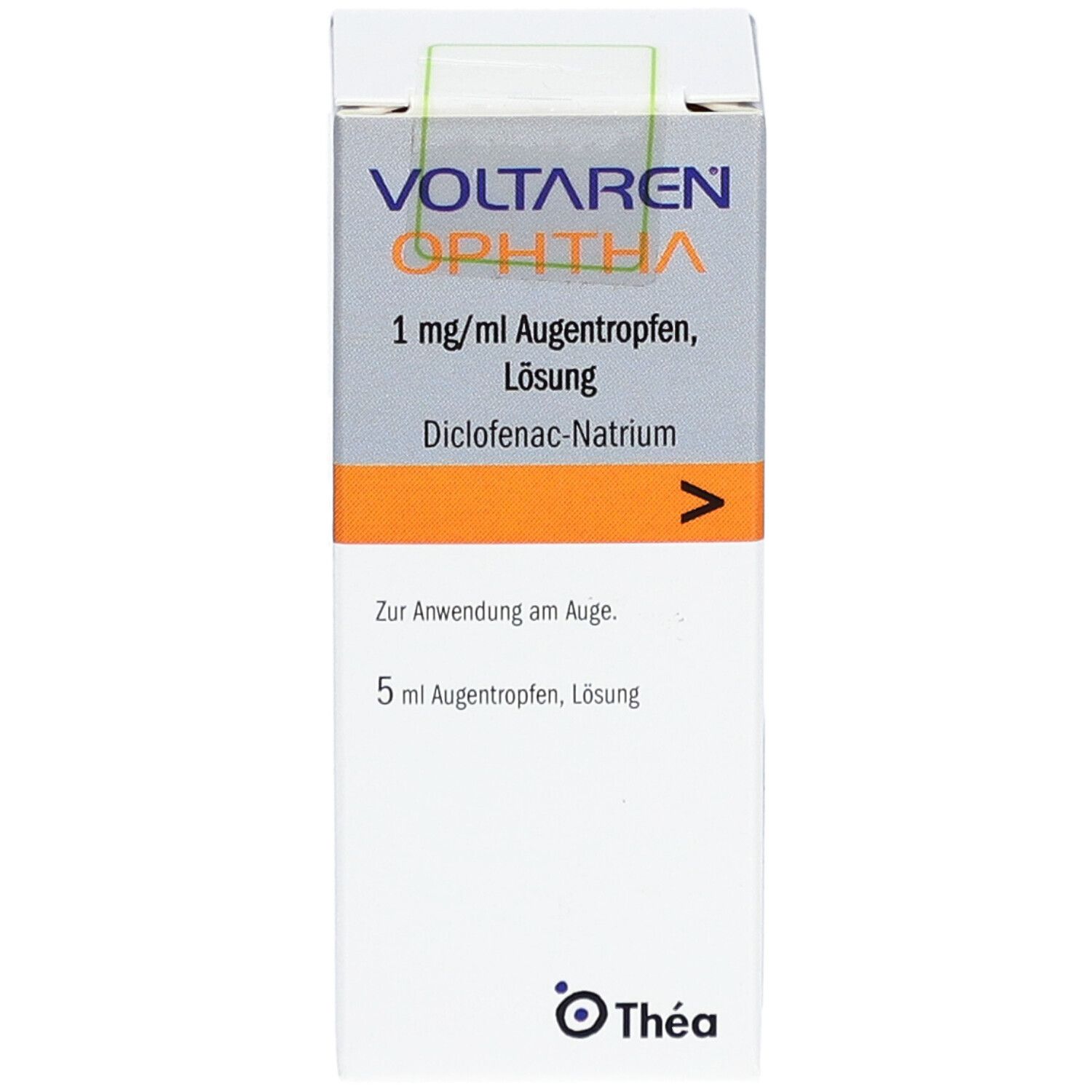Karton VOLTAREN ophtha Augentropfen. Aufschrift: 1 mg/ml Augentropfen, Lösung. Enthält Diclofenac-Natrium. 5 ml Lösung. Thea-Logo.