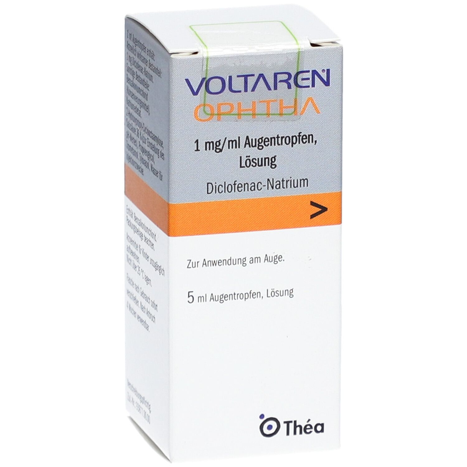 Karton VOLTAREN ophtha Augentropfen. Aufschrift: 1 mg/ml Augentropfen, Lösung. Enthält Diclofenac-Natrium. 5 ml Lösung. Thea-Logo.