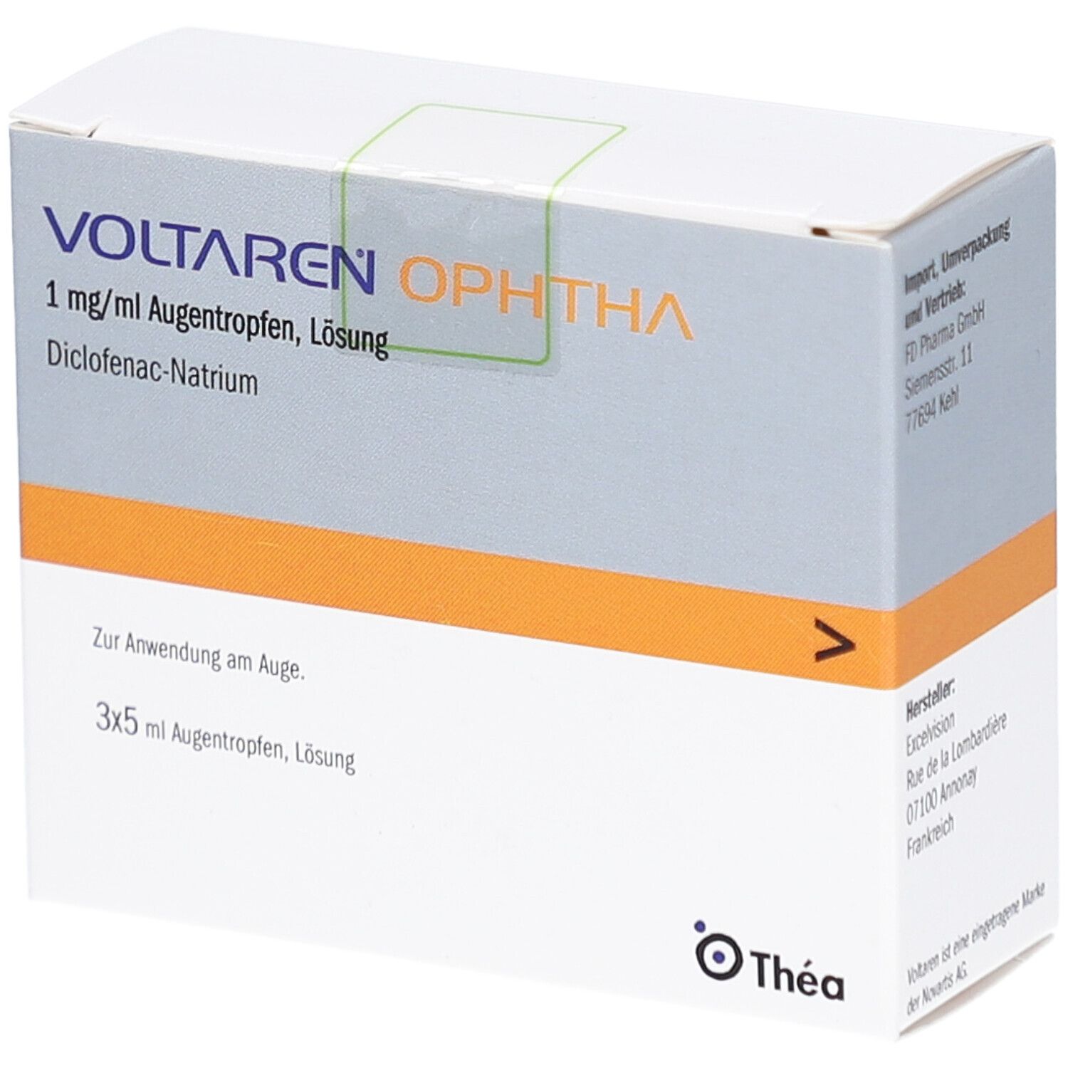 Weiße Faltschachtel mit VOLTAREN OPHTHA. Text: 1 mg/ml Augentropfen, Lösung. 3x5 ml Augentropfen. Logo: Thea.