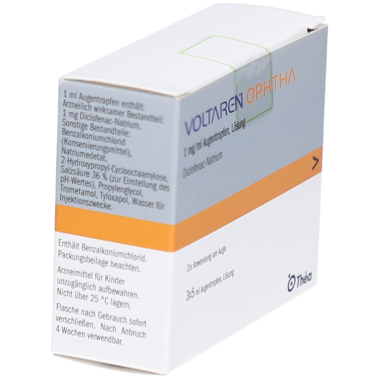 Weiße Faltschachtel mit VOLTAREN OPHTHA. Text: 1 mg/ml Augentropfen, Lösung. Inhaltsstoffe. Logo: Thea.