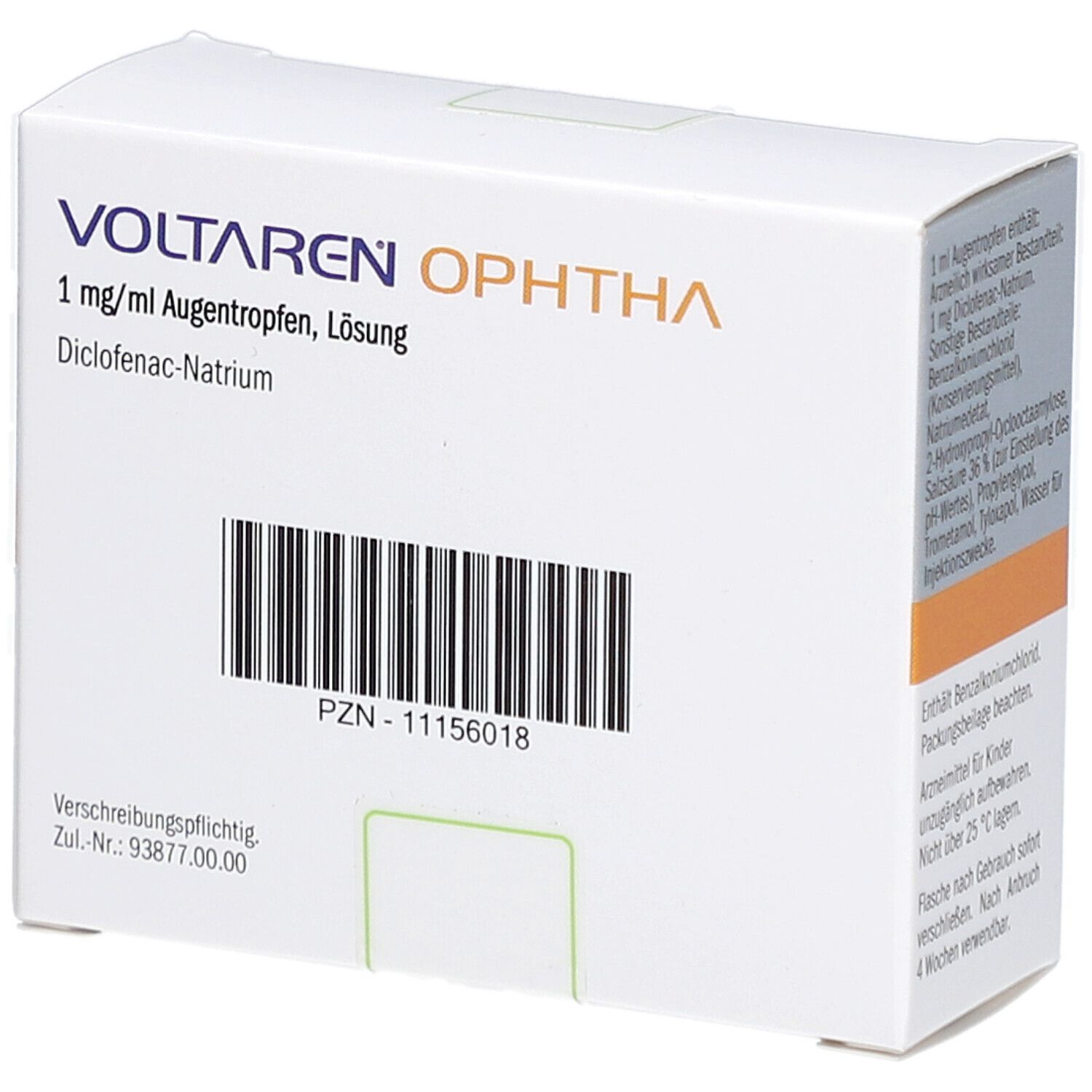 Weiße Faltschachtel mit VOLTAREN OPHTHA. Text: 1 mg/ml Augentropfen, Lösung. Barcode. PZN-11156018.
