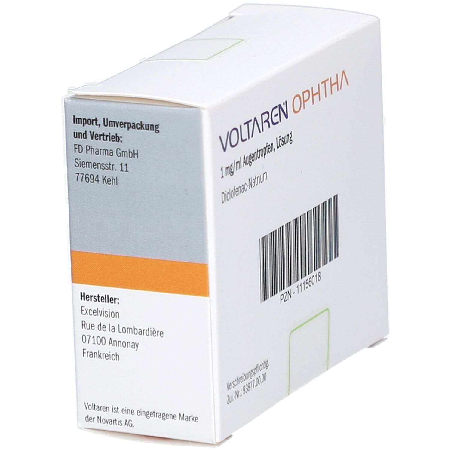 Weiße Faltschachtel mit VOLTAREN OPHTHA. Text: 1 mg/ml Augentropfen, Lösung. Herstellerinformationen.