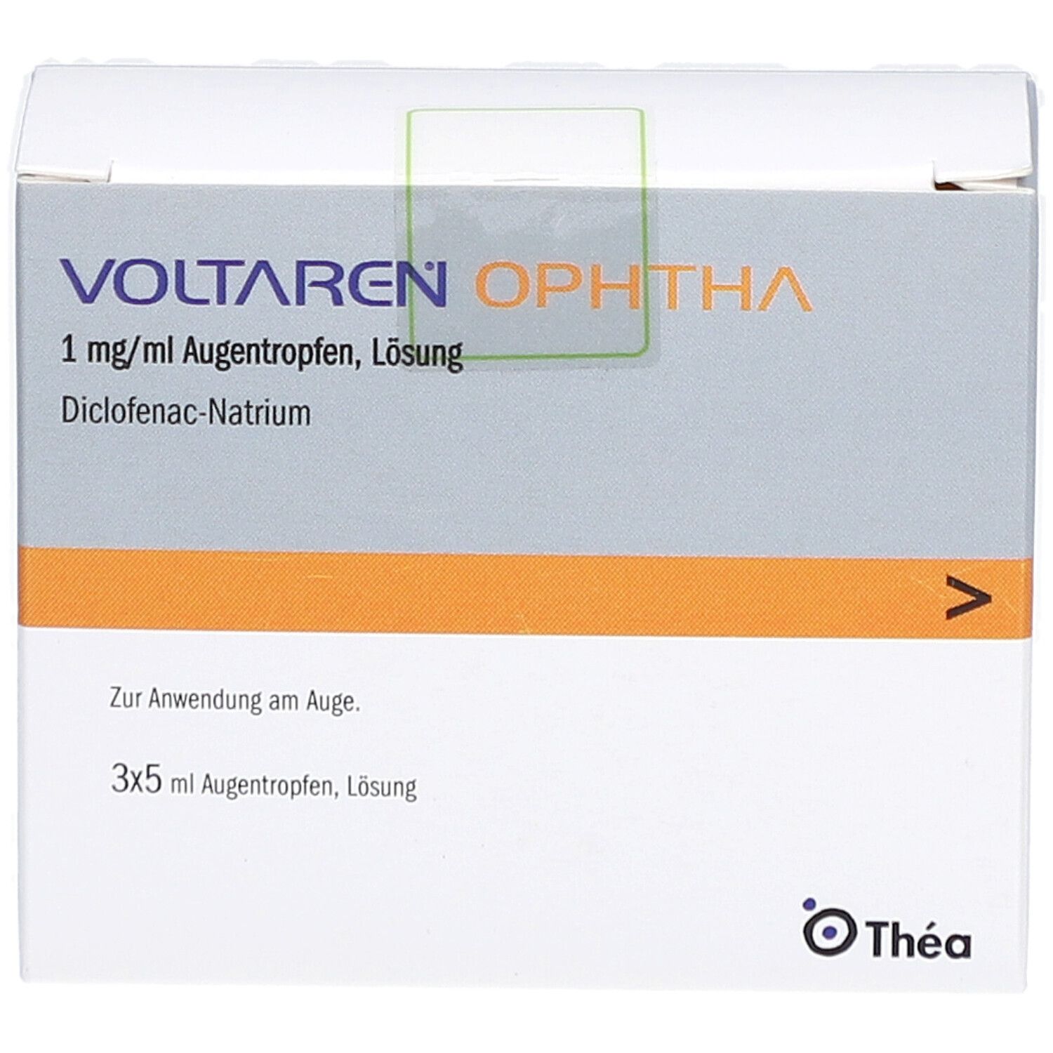 Weiße Faltschachtel mit VOLTAREN OPHTHA. Text: 1 mg/ml Augentropfen, Lösung. 3x5 ml Augentropfen. Logo: Thea.