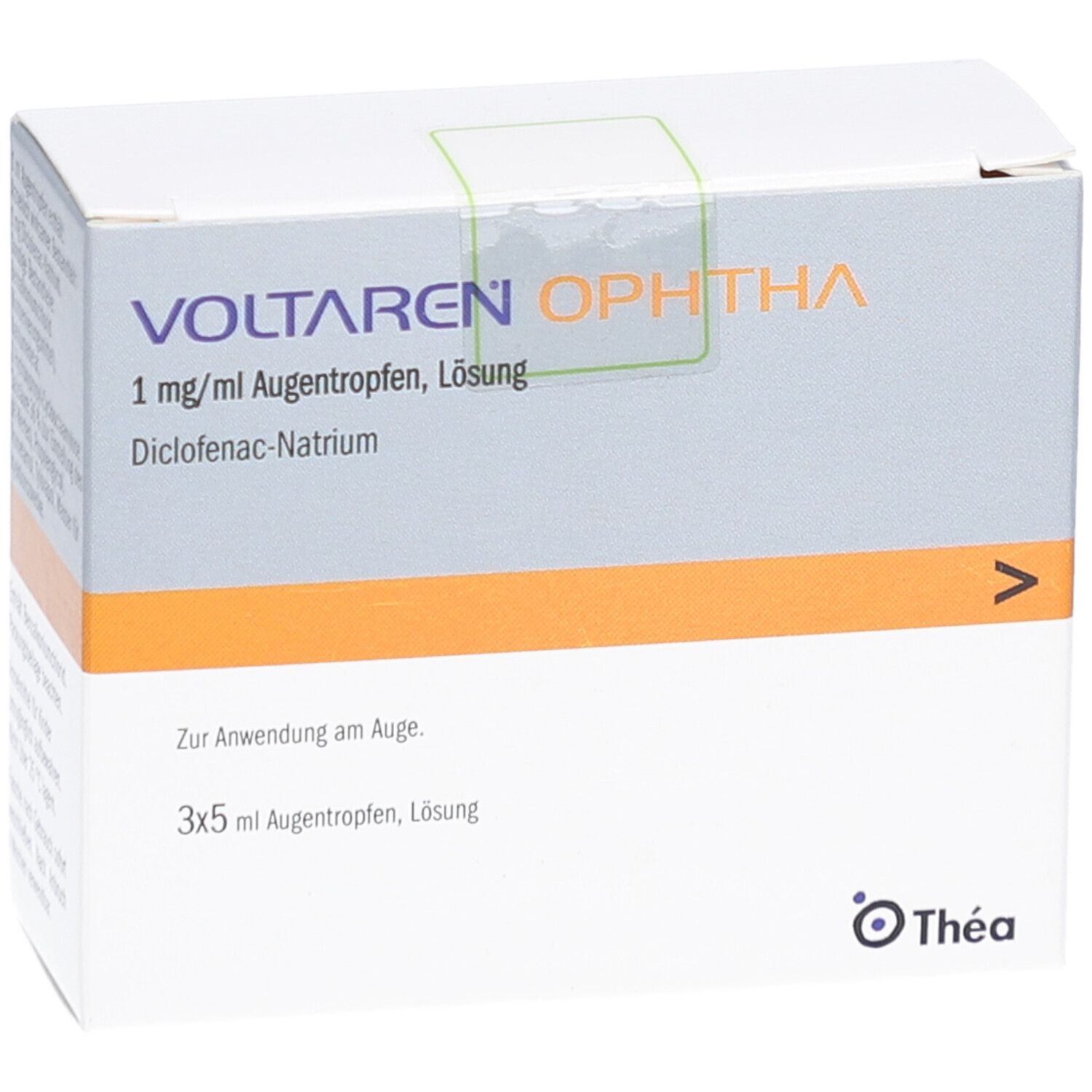 Weiße Faltschachtel mit VOLTAREN OPHTHA. Text: 1 mg/ml Augentropfen, Lösung. 3x5 ml Augentropfen. Logo: Thea.