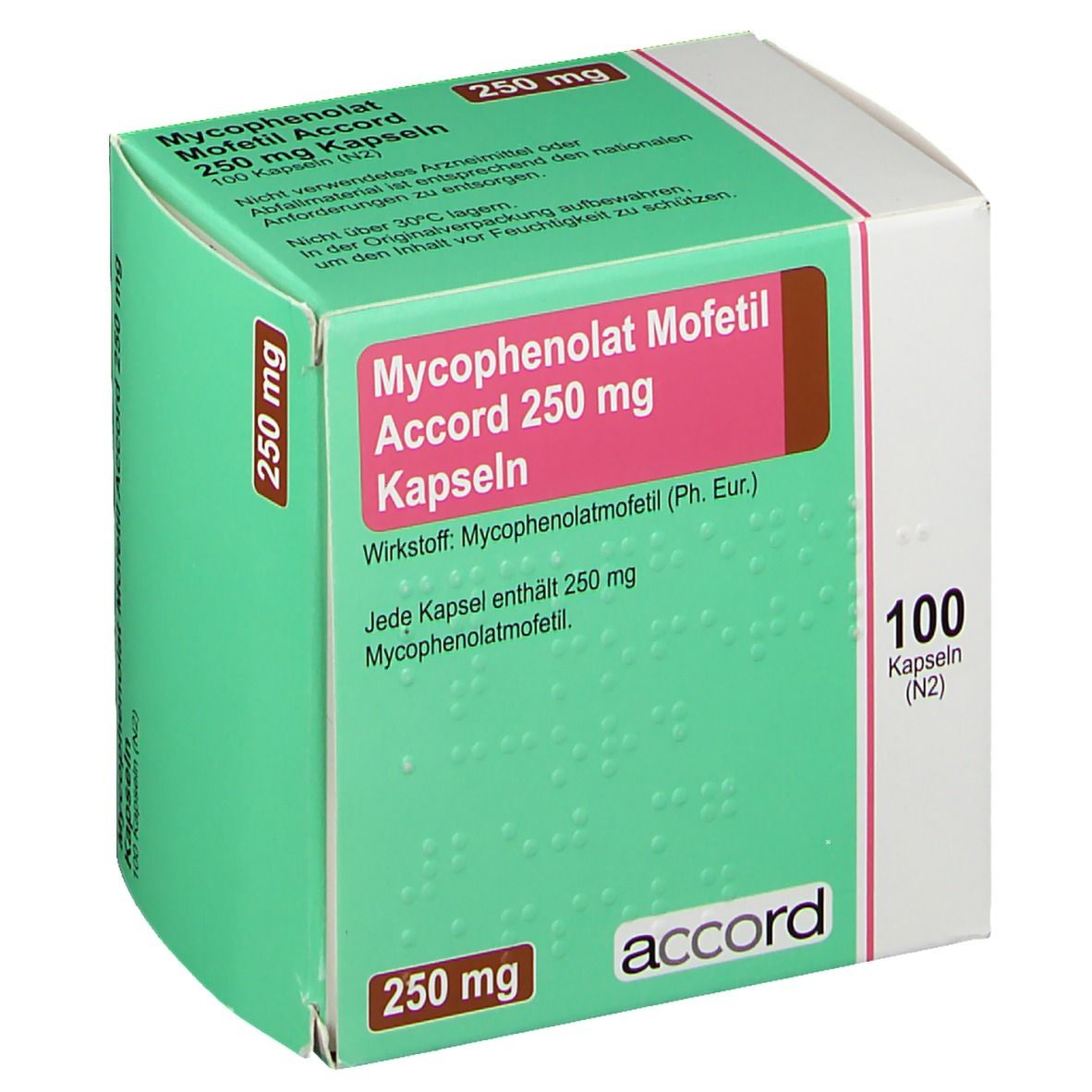 Schachtel mit Medikamenten. Aufschrift: Mycophenolat Mofetil Accord 250 mg Kapseln. 100 Kapseln. Marke: Accord. 250 mg.