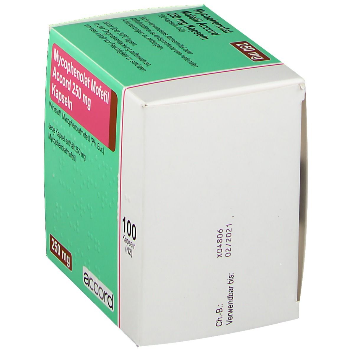 Medikamenten-Schachtel. Aufschrift: Mycophenolat Mofetil Accord 250 mg Kapseln. Marke: Accord. 100 Kapseln. Rückseite mit Verfallsdatum.