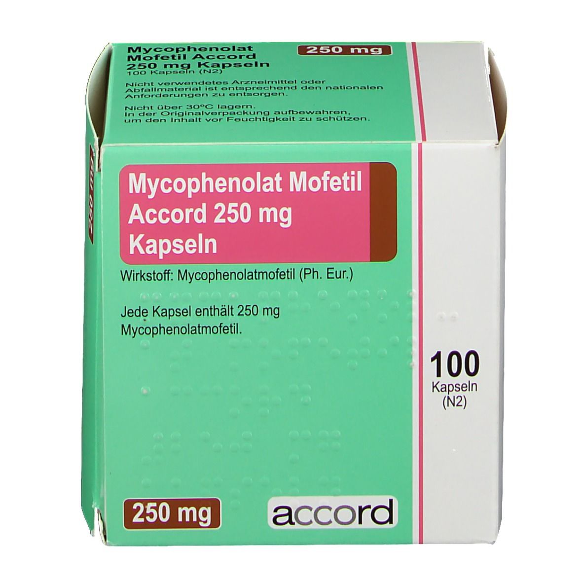 Medikamenten-Schachtel. Aufschrift: Mycophenolat Mofetil Accord 250 mg Kapseln. 100 Kapseln. Marke: Accord. 250 mg.