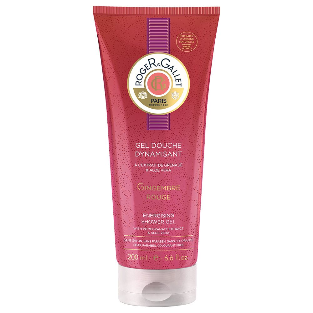 Rote Tube Duschgel mit weißem Verschluss. Text: ROGER & GALLET, Gingembre Rouge, Gel Douche Dynamisant. 200 ml.