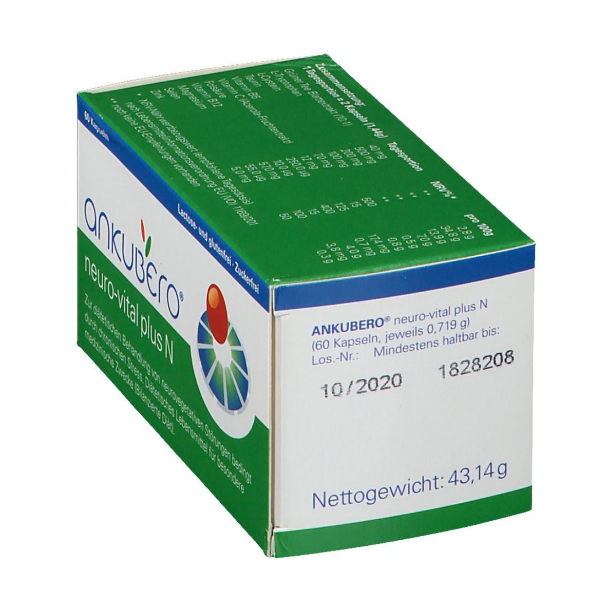ANKUBERO® neuro-vital plus N-Verpackung. Schachtel mit Produktnamen, Logo und Haltbarkeitsdatum. 60 Kapseln. Grün-weiß.