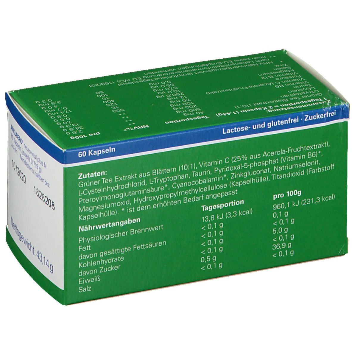 Rückseite der ANKUBERO® neuro-vital plus N-Verpackung. Enthält Informationen zu Inhaltsstoffen, Nährwerten und Herstellerangaben. Grün-weiß.