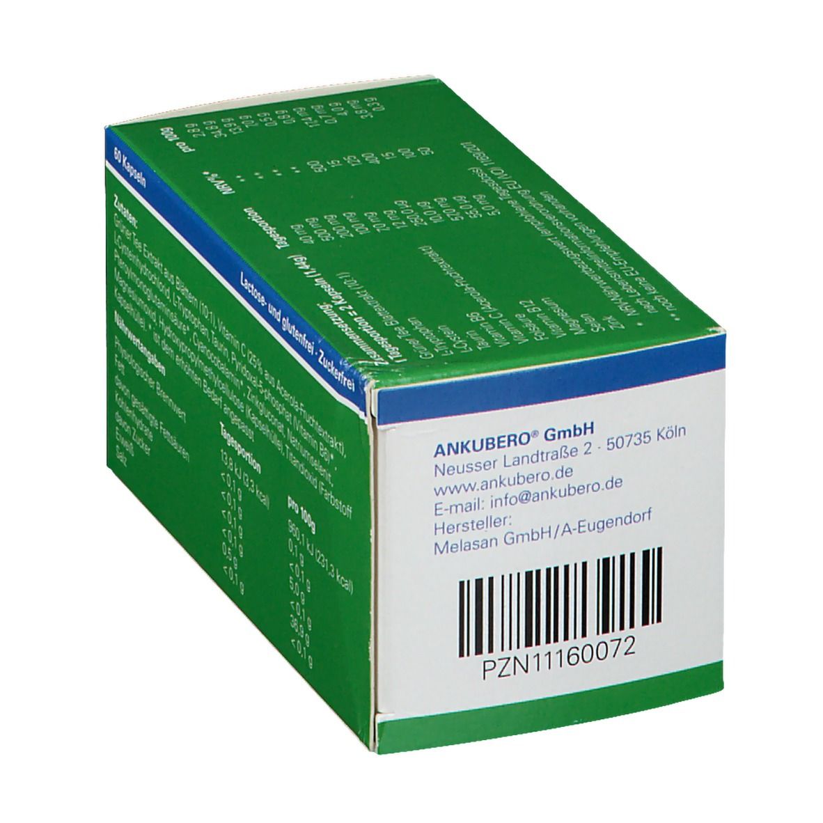 Seite der ANKUBERO® neuro-vital plus N-Verpackung. Herstellerinformationen und Barcode. Grün-weiß.