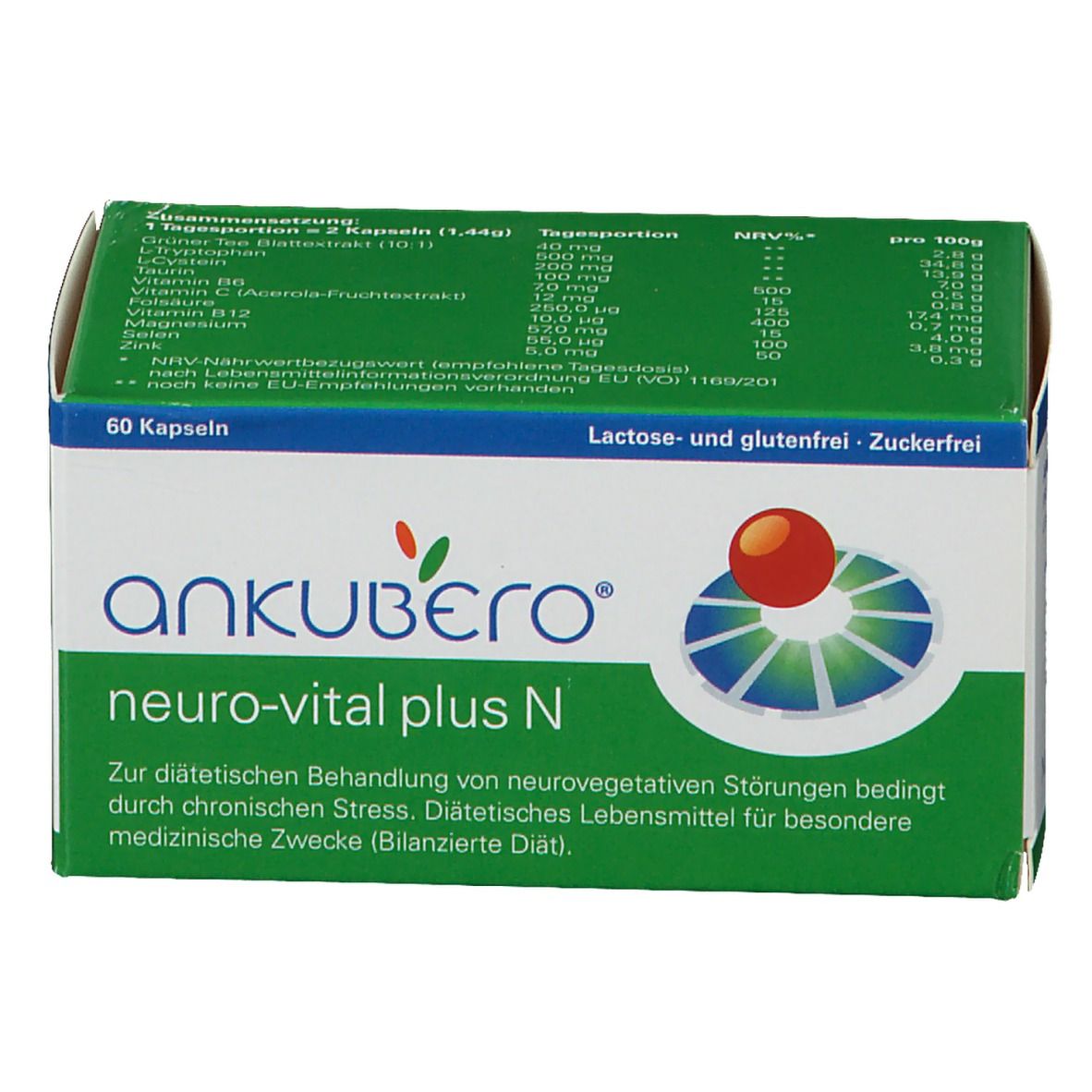 ANKUBERO® neuro-vital plus N-Verpackung. 60 Kapseln. Grün-weiße Schachtel mit Produktnamen und Logo. Enthält Informationen zu Inhaltsstoffen.