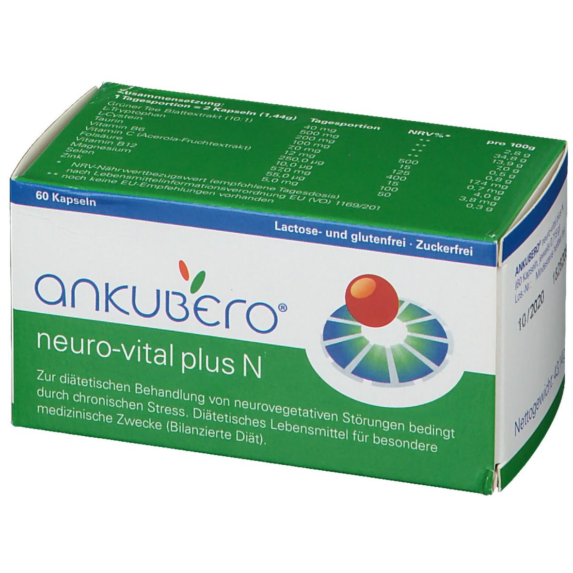 ANKUBERO® neuro-vital plus N-Verpackung. 60 Kapseln. Grün-weiße Schachtel mit Produktnamen und Logo. Enthält Informationen zu Inhaltsstoffen.