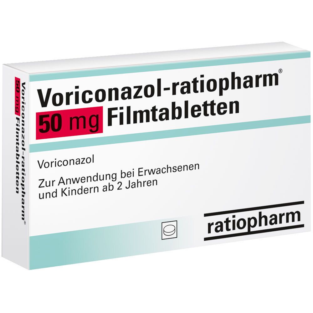 Packung VORICONAZOL-ratiopharm® 50 mg Filmtabletten. Rote Schrift: 50 mg. Text: Zur Anwendung bei Erwachsenen und Kindern ab 2 Jahren.