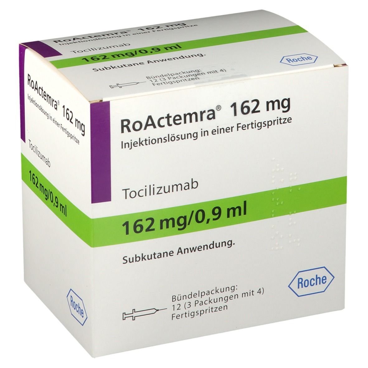 Karton von RoActemra 162 mg. Aufschrift: Injektionslösung in Fertigspritze. Enthält Tocilizumab. 162 mg/0,9 ml. Roche Logo.