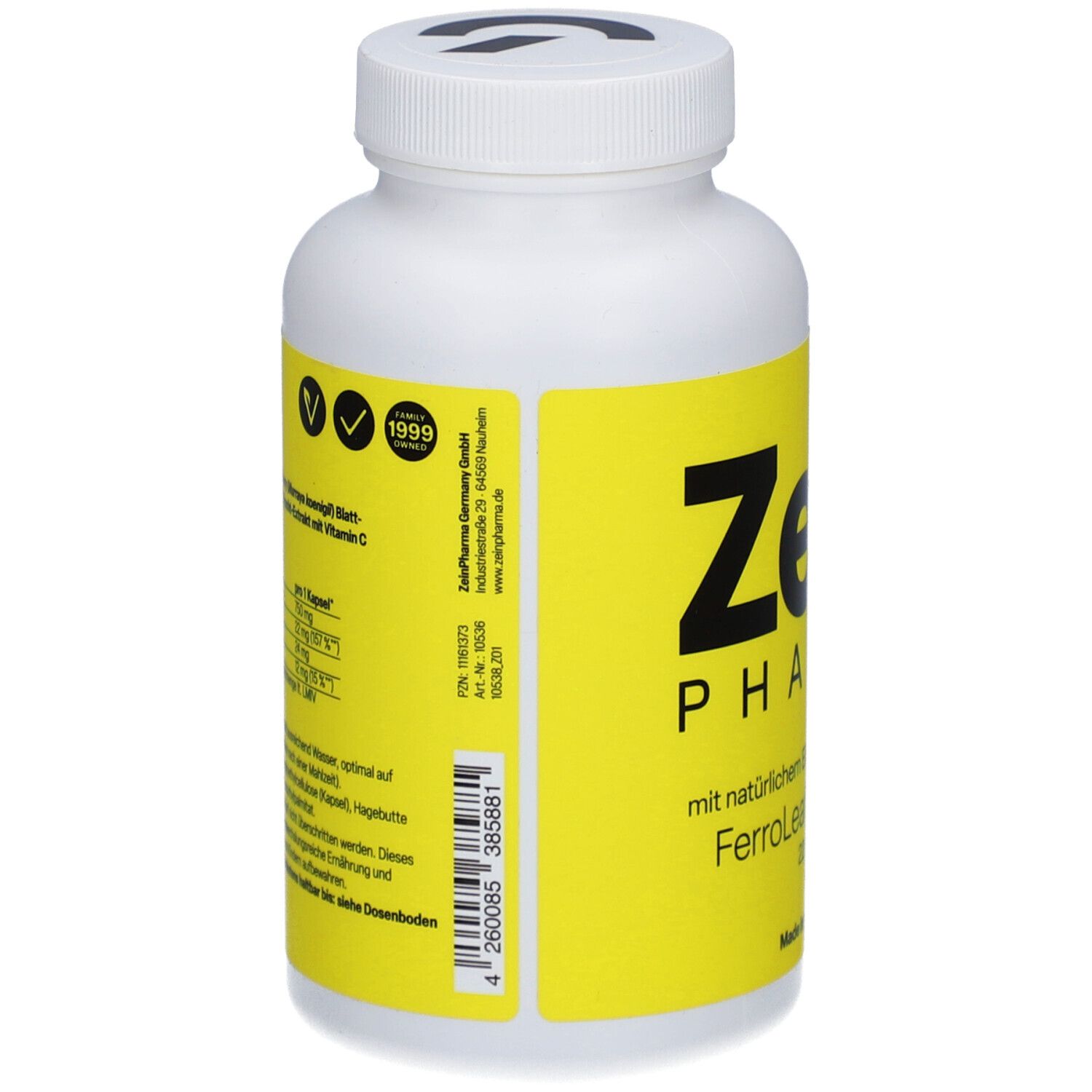 Rückseite der Flasche. Gelbes Etikett mit Text und Informationen. Zein Pharma FerroLeaf Ultra+C 22 mg Kapseln.