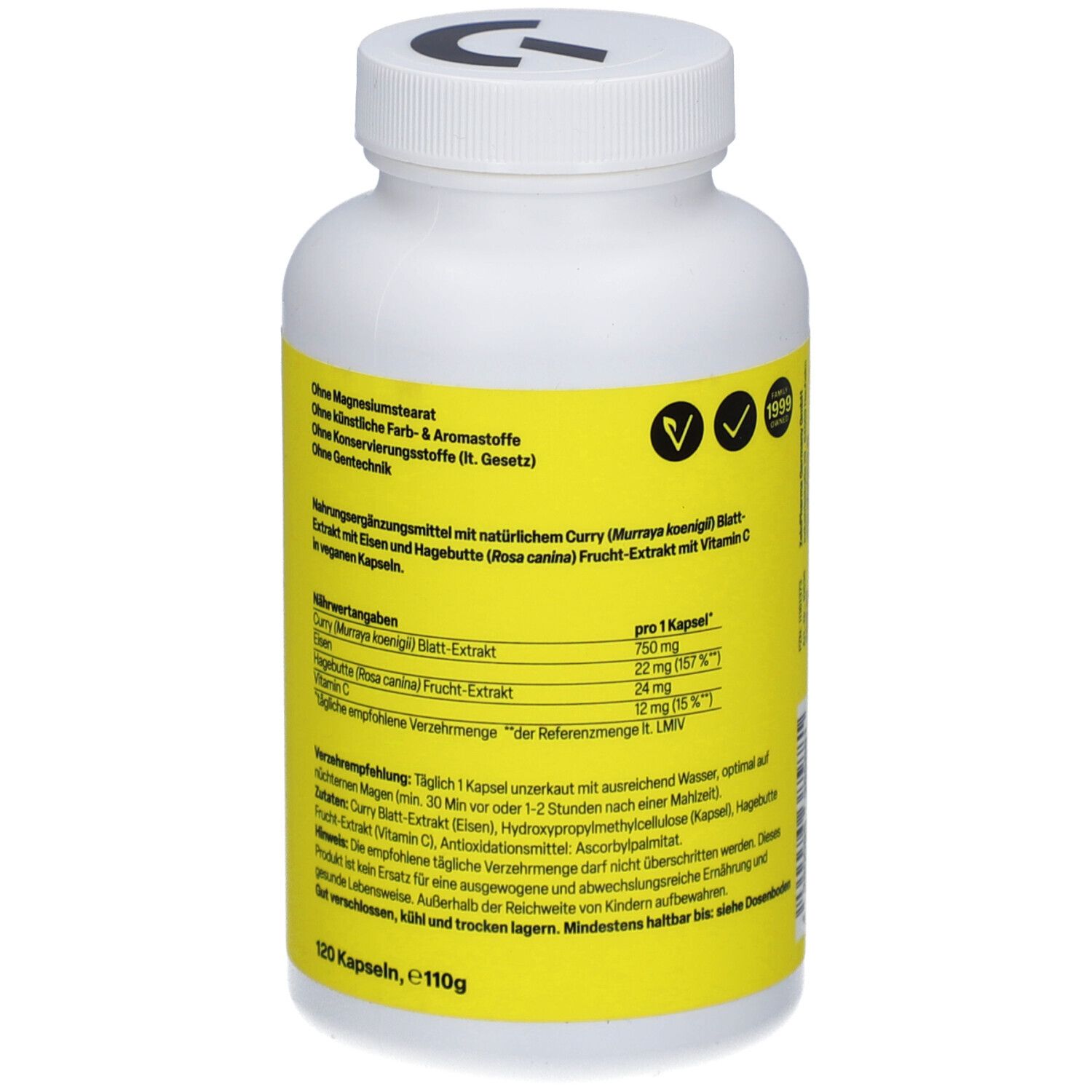 Rückseite der Flasche. Gelbes Etikett mit Inhaltsstoffen und Nährwertangaben. Zein Pharma FerroLeaf Ultra+C 22 mg Kapseln.