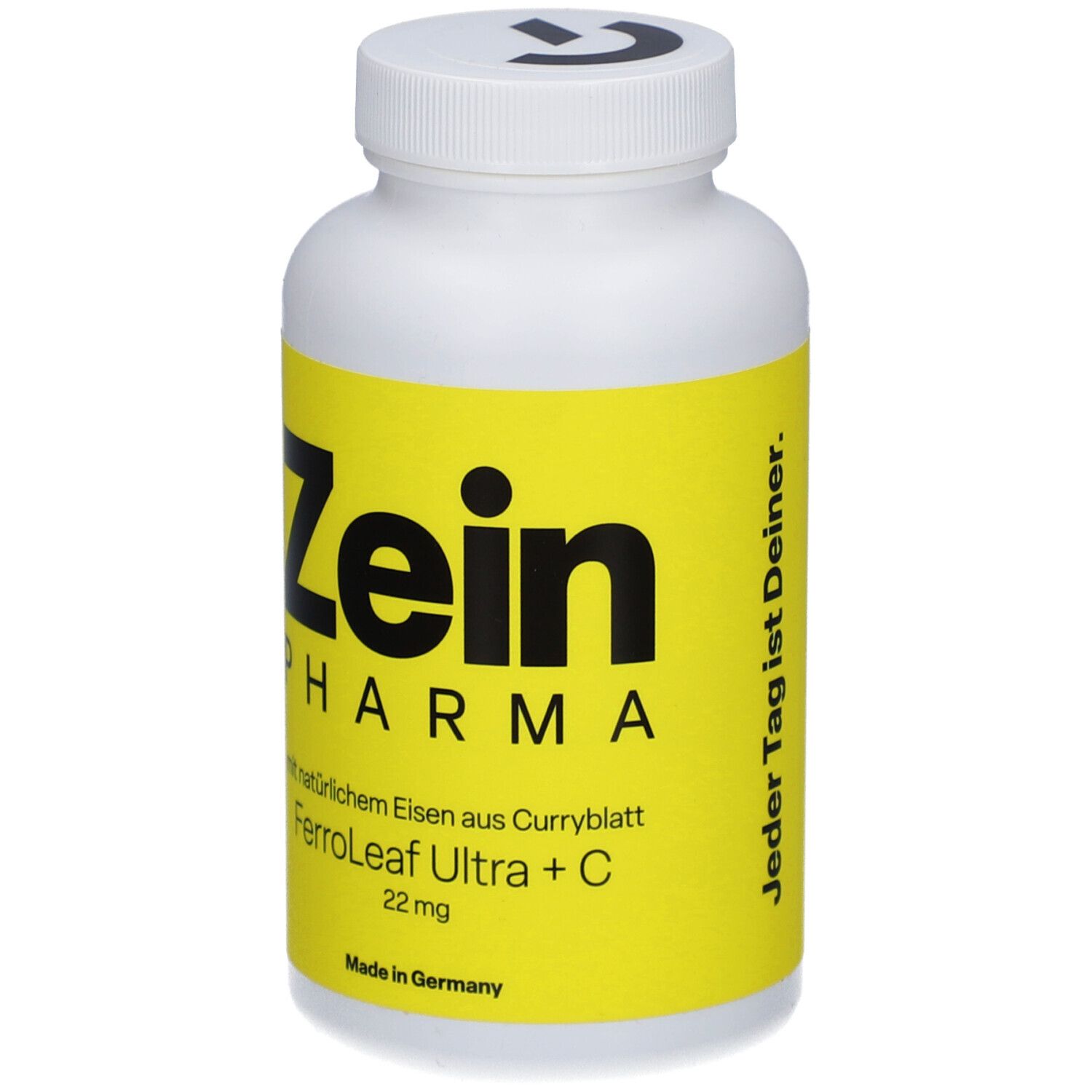 Weiße Flasche mit gelbem Etikett. Zein Pharma FerroLeaf Ultra+C 22 mg Kapseln. Made in Germany. Text: Jeder Tag ist Deiner.
