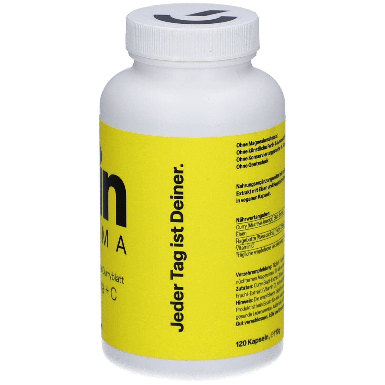 Rückseite der Flasche. Gelbes Etikett mit Text und Informationen. Zein Pharma FerroLeaf Ultra+C 22 mg Kapseln. Text: Jeder Tag ist Deiner.