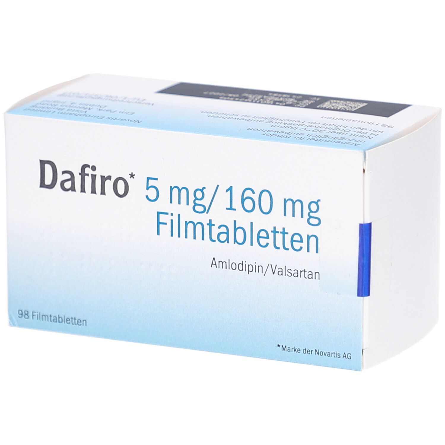 Schachtel mit Aufschrift Dafiro 5 mg/160 mg Filmtabletten. Enthält 98 Filmtabletten. Marke Novartis AG.