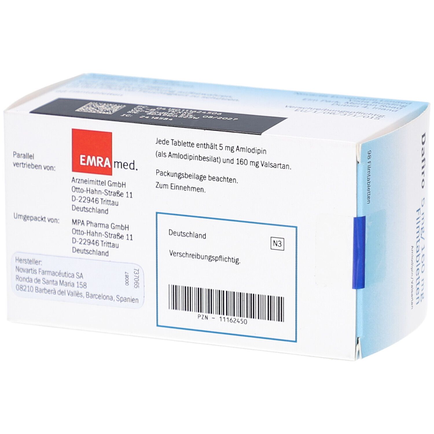 Rückseite der Schachtel mit Produktinformationen. Text in Deutsch. Barcode und N3-Kennzeichnung.