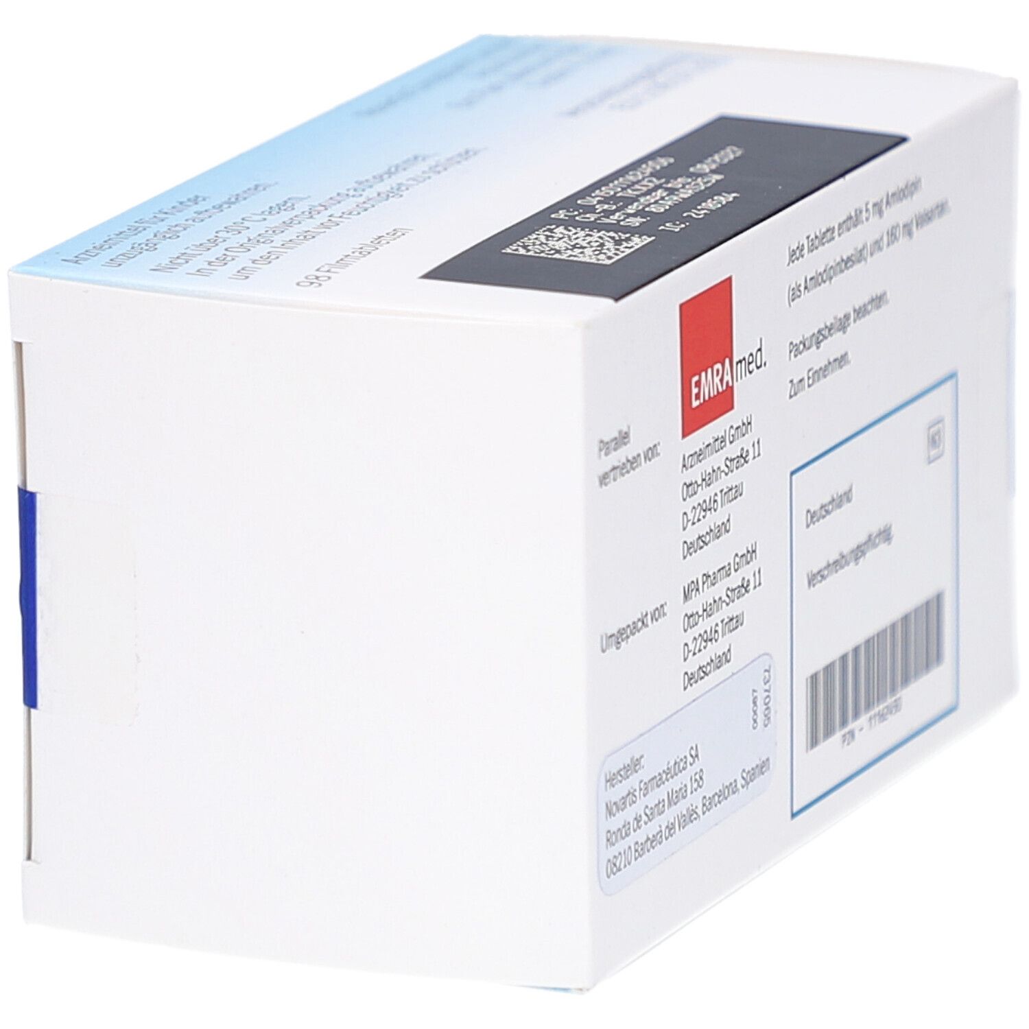 Schachtel mit Produktinformationen. Text in Deutsch. Barcode und N3-Kennzeichnung. EMRAmed.