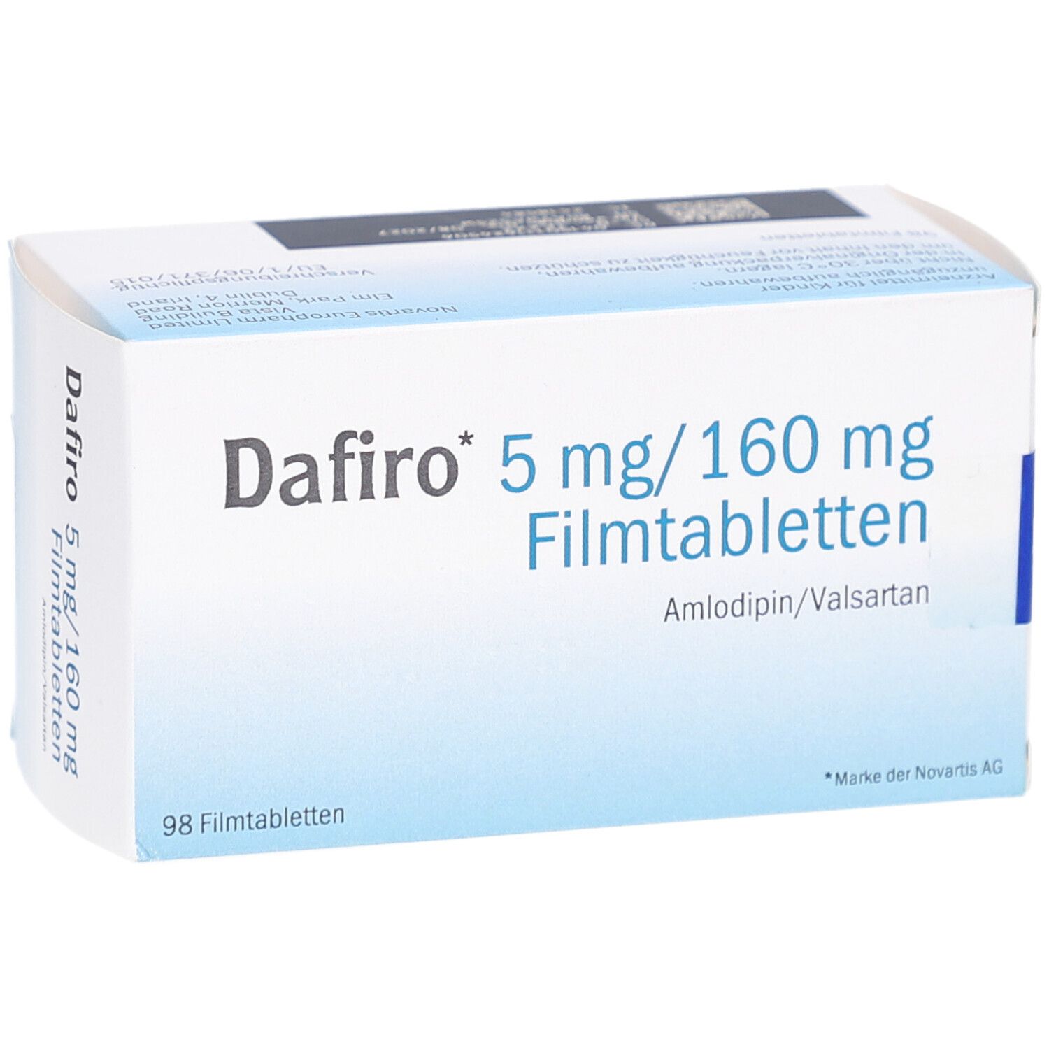 Schachtel Dafiro 5 mg/160 mg Filmtabletten. Aufschrift und Produktinformationen. 98 Filmtabletten.