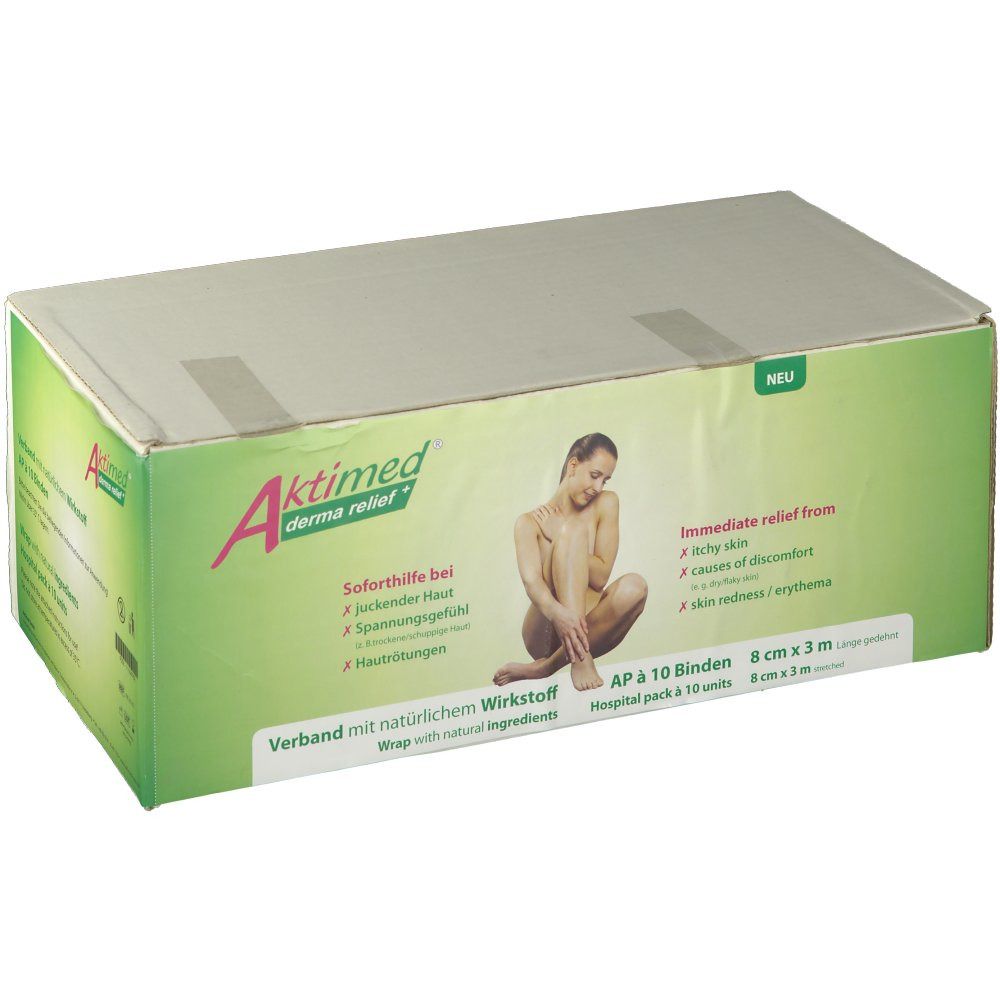 Verpackung Aktimed Derma Relief+. 10 Verbände, 8 cm x 3 m. Aufdruck: Soforthilfe bei juckender Haut, Spannungsgefühl, Hautrötungen.